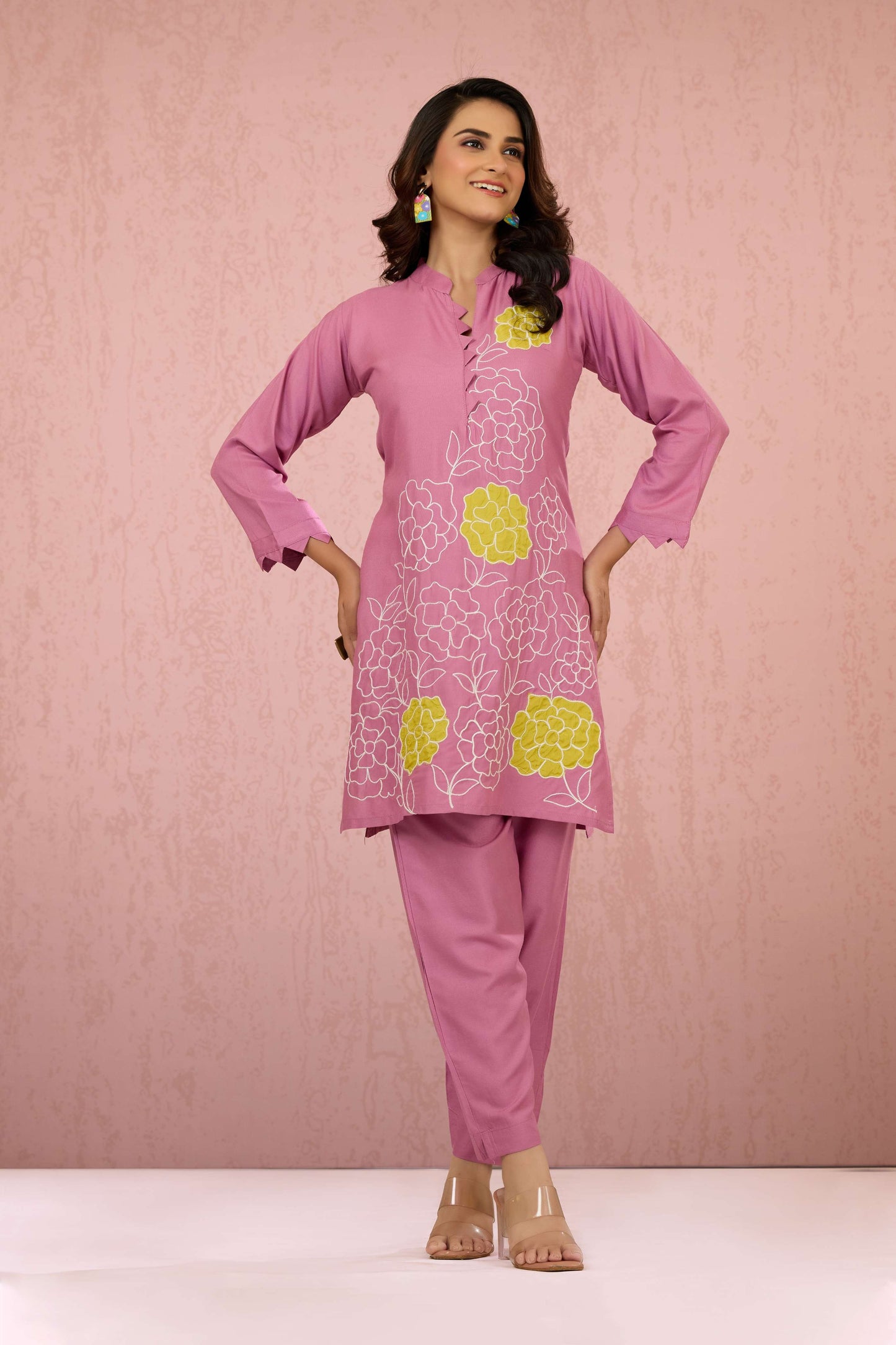 Pink Embroidery Rayon Coord Set 1013-10047