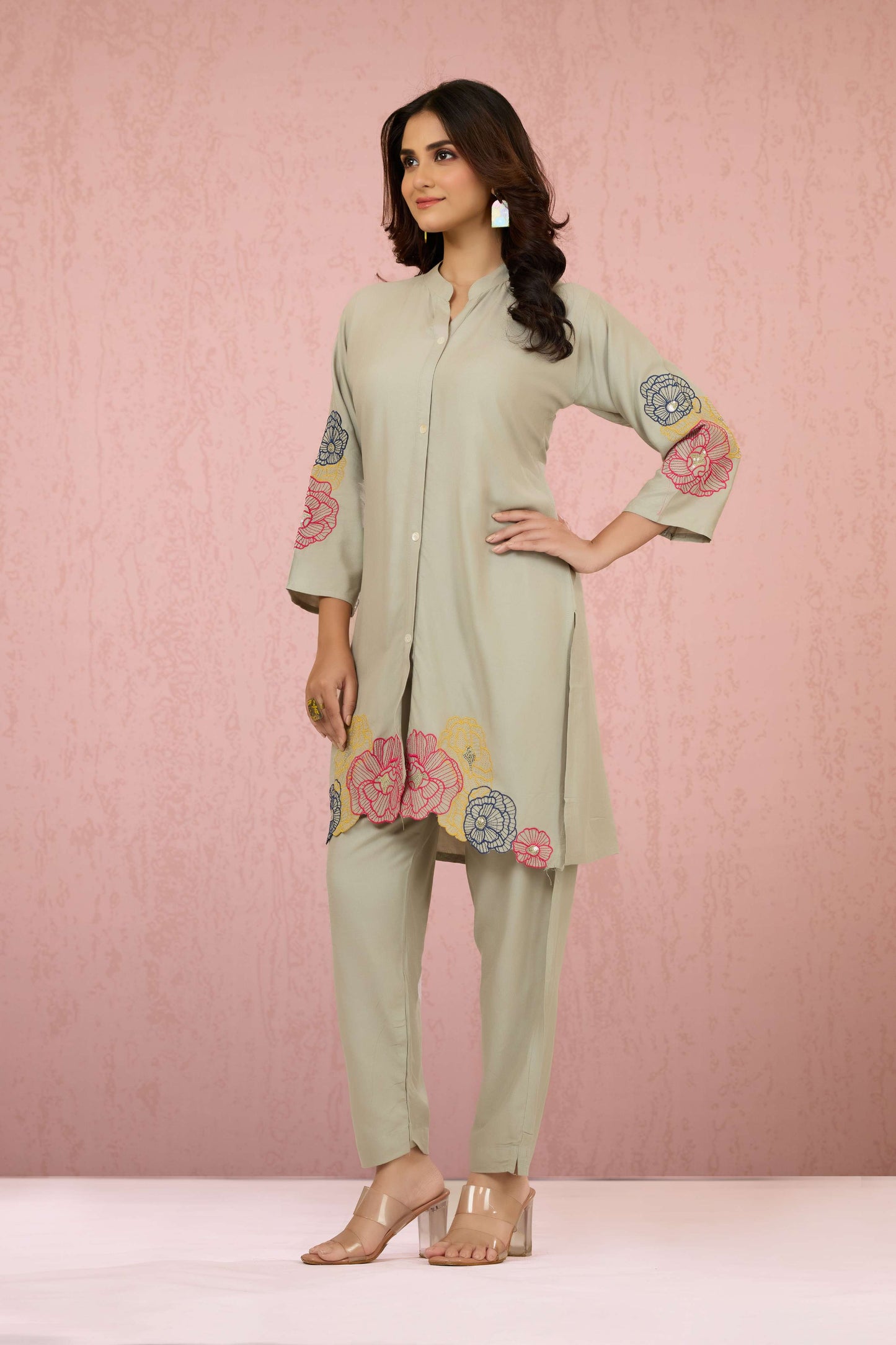 Grey Embroidery Rayon Coord Set 1013-10049