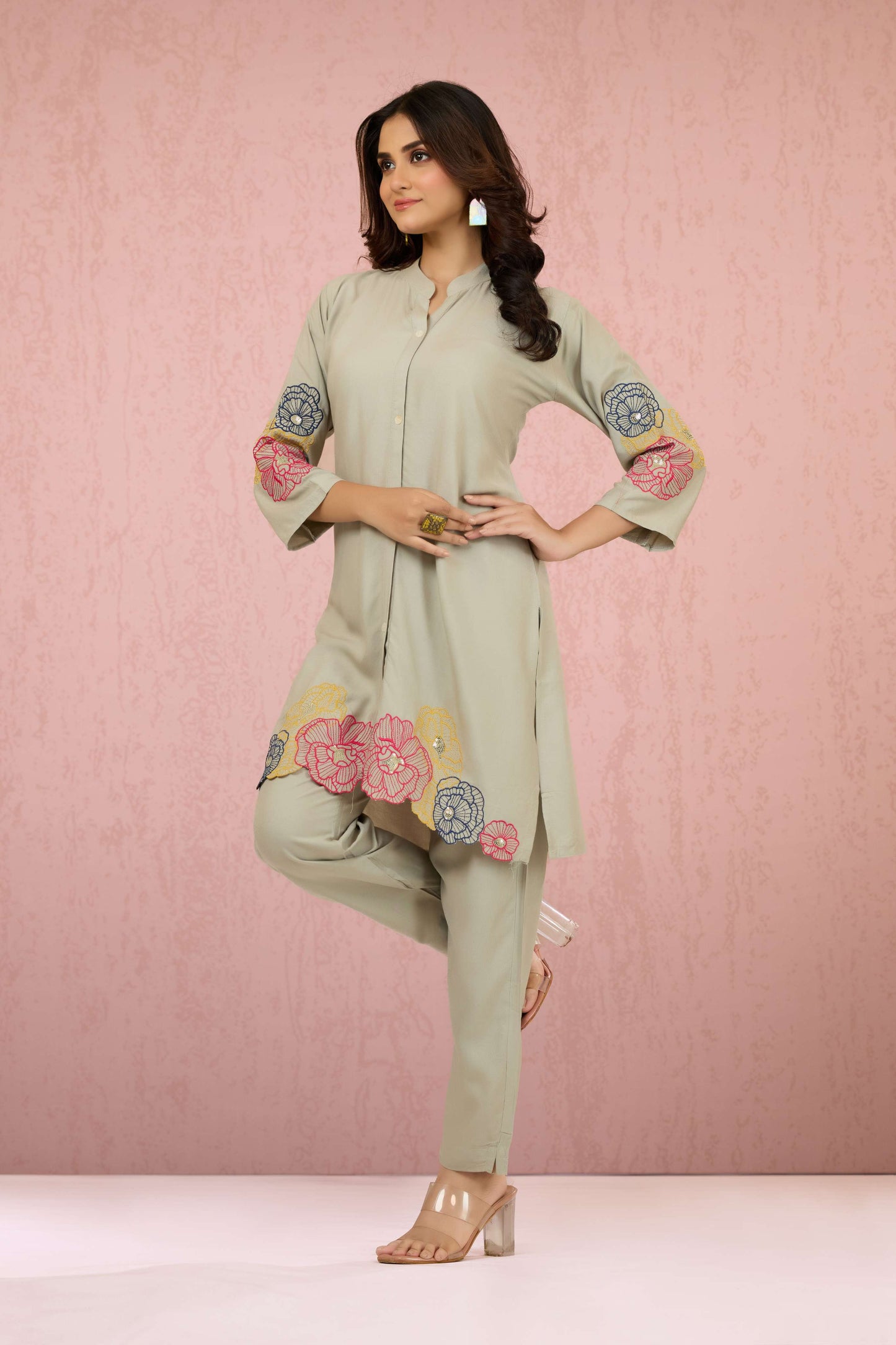 Grey Embroidery Rayon Coord Set 1013-10049