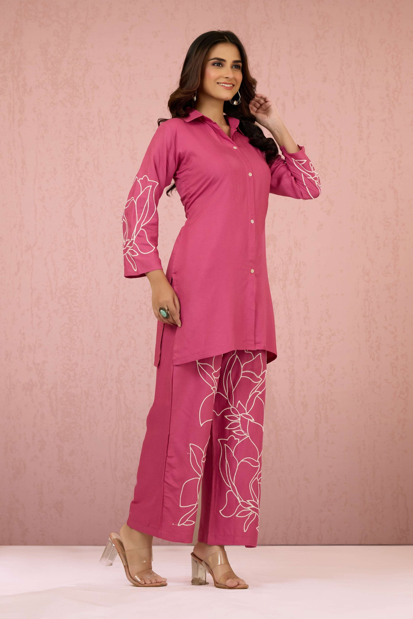 Pink Embroidery Rayon Coord Set 1013-10044