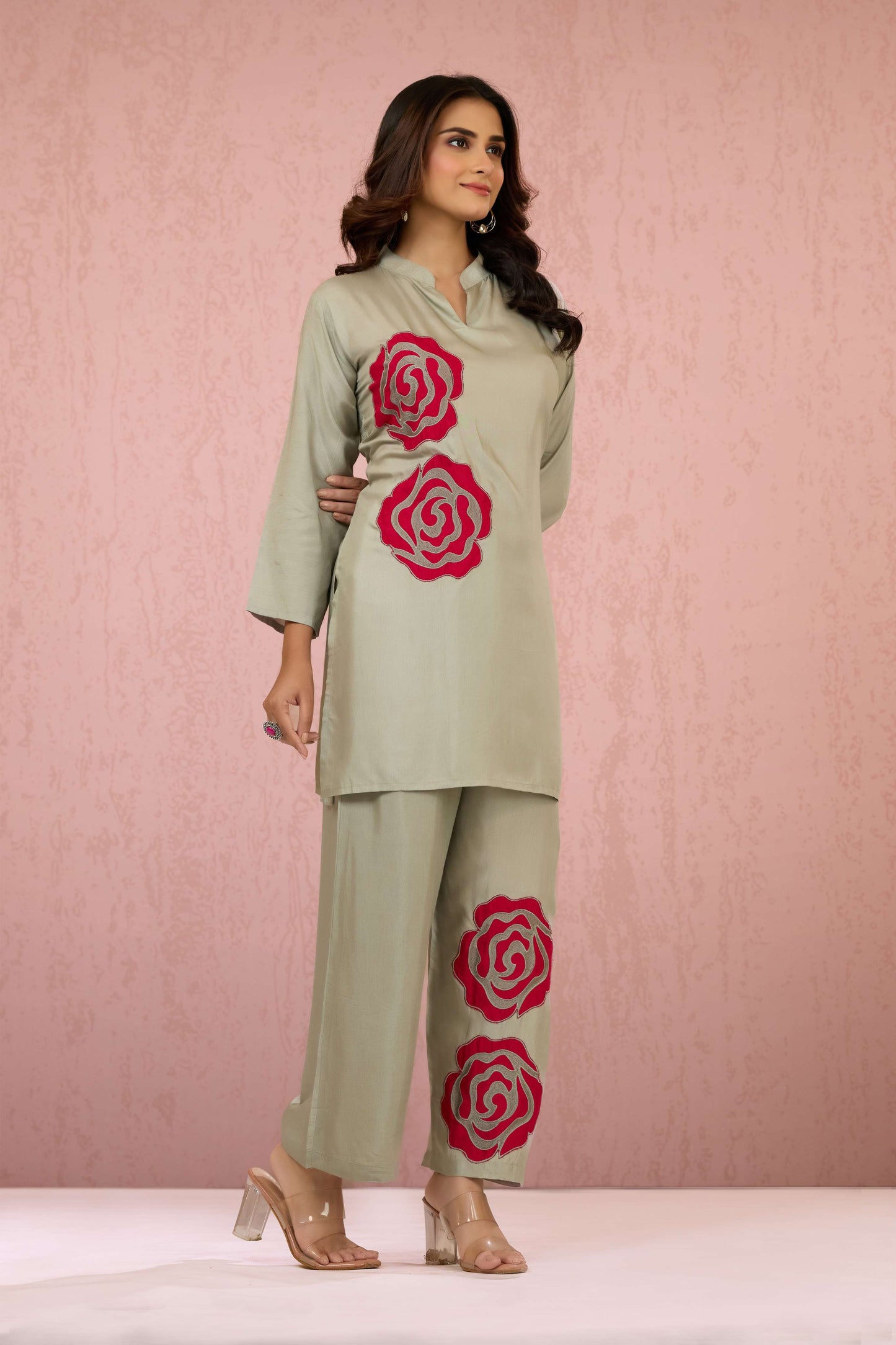 Grey Embroidery Rayon Coord Set 1013-10053