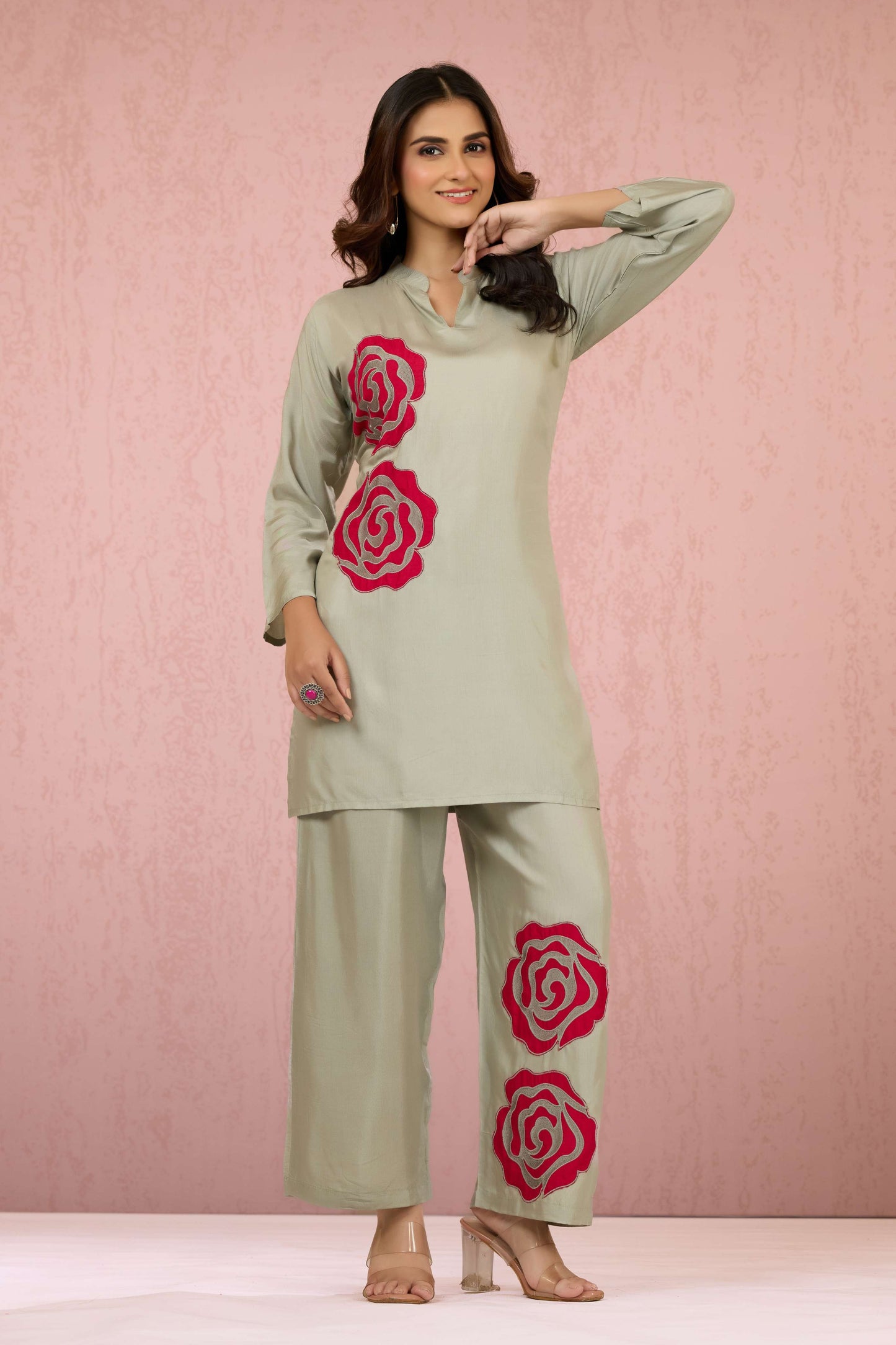 Grey Embroidery Rayon Coord Set 1013-10053