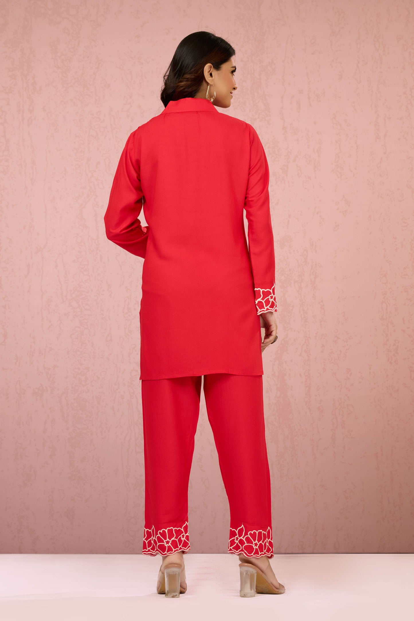 Red Embroidery Rayon Coord Set 1013-10056