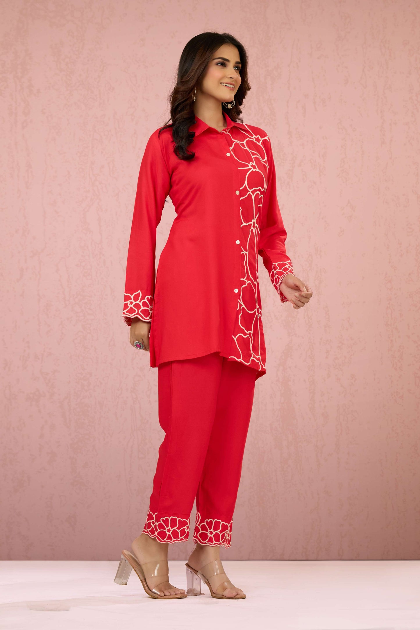 Red Embroidery Rayon Coord Set 1013-10056