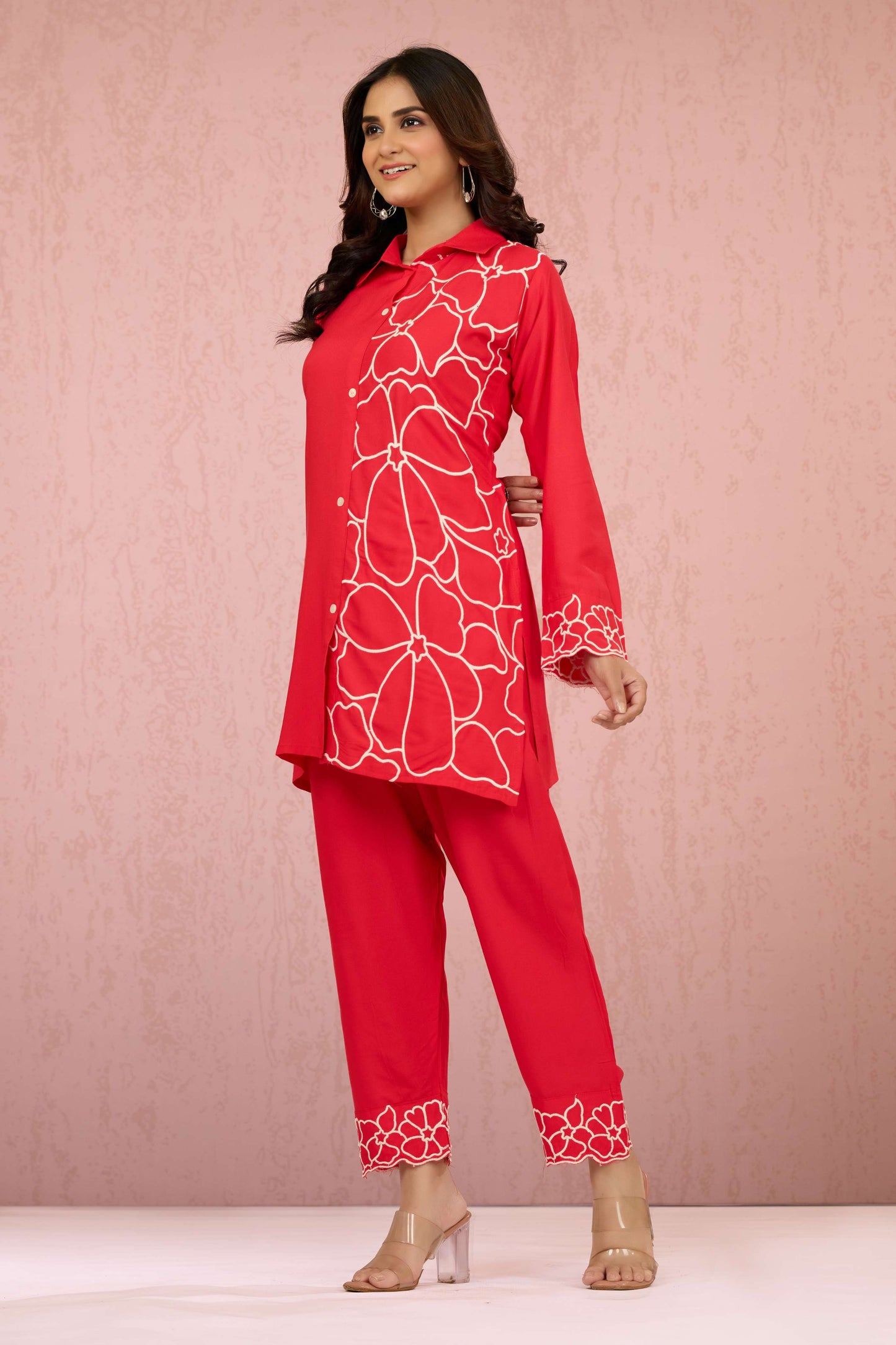Red Embroidery Rayon Coord Set 1013-10056
