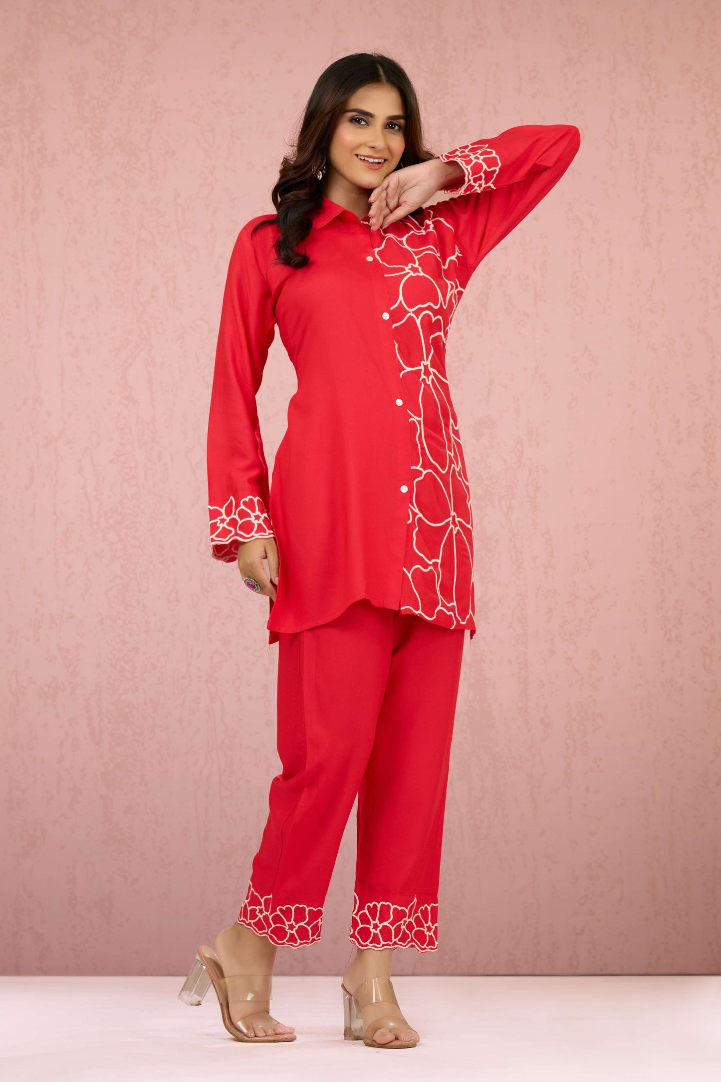 Red Embroidery Rayon Coord Set 1013-10056