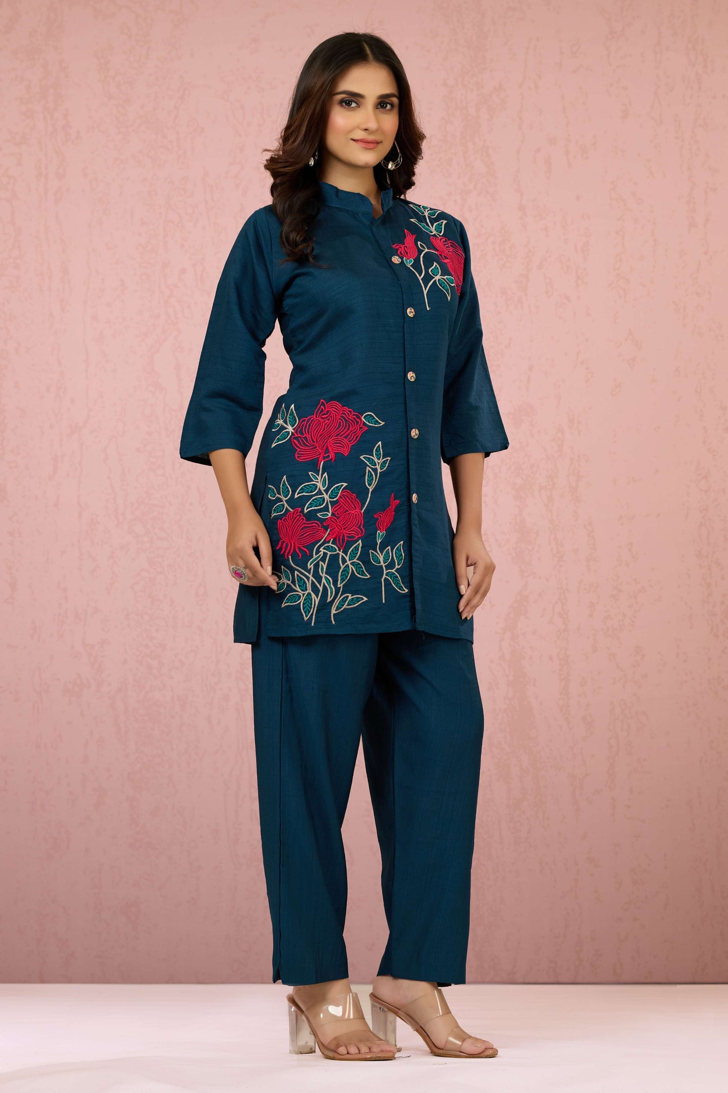Indigo Embroidery Slub Cotton Coord Set 1013-10046