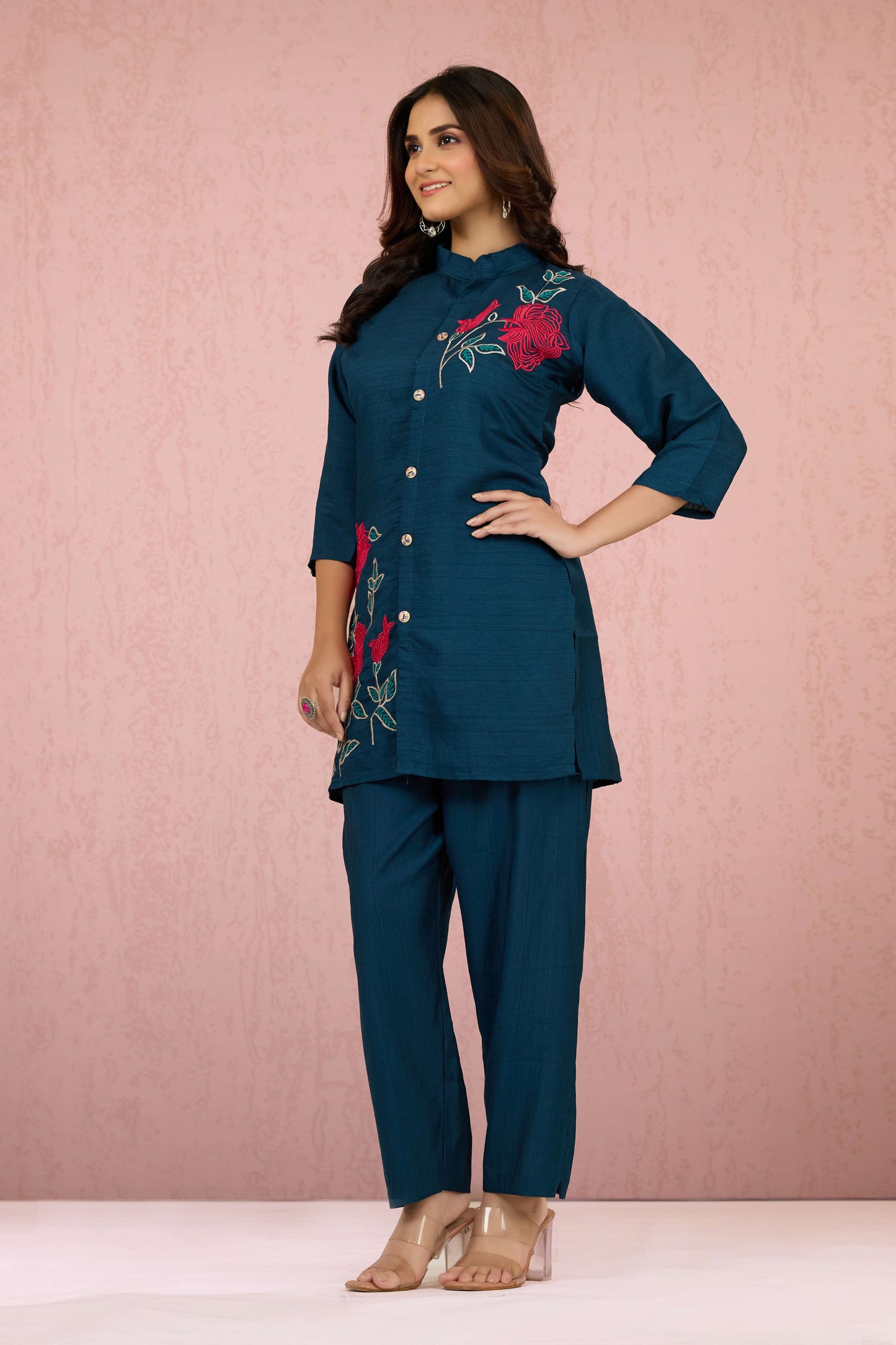 Indigo Embroidery Slub Cotton Coord Set 1013-10046