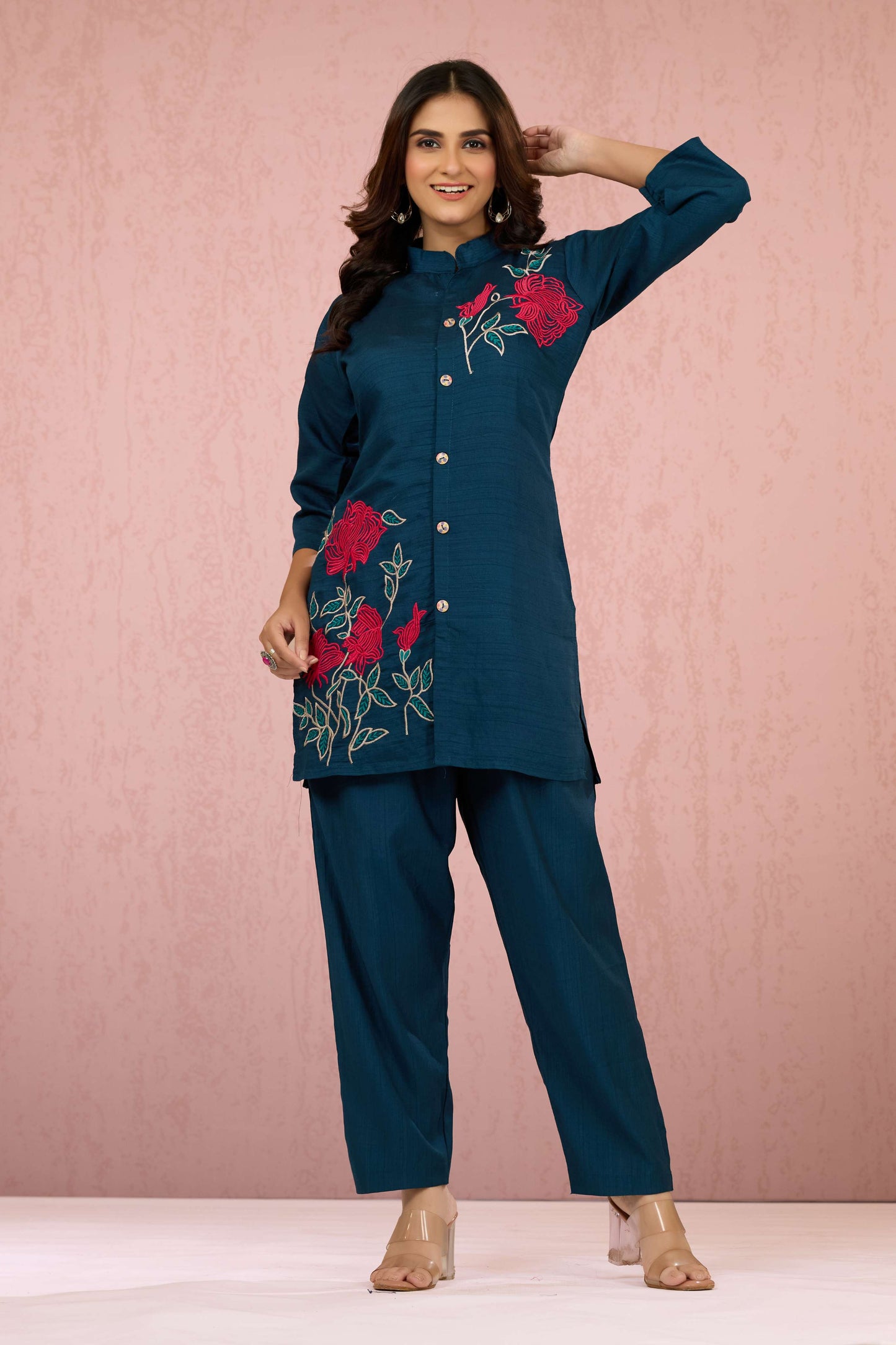 Indigo Embroidery Slub Cotton Coord Set 1013-10046