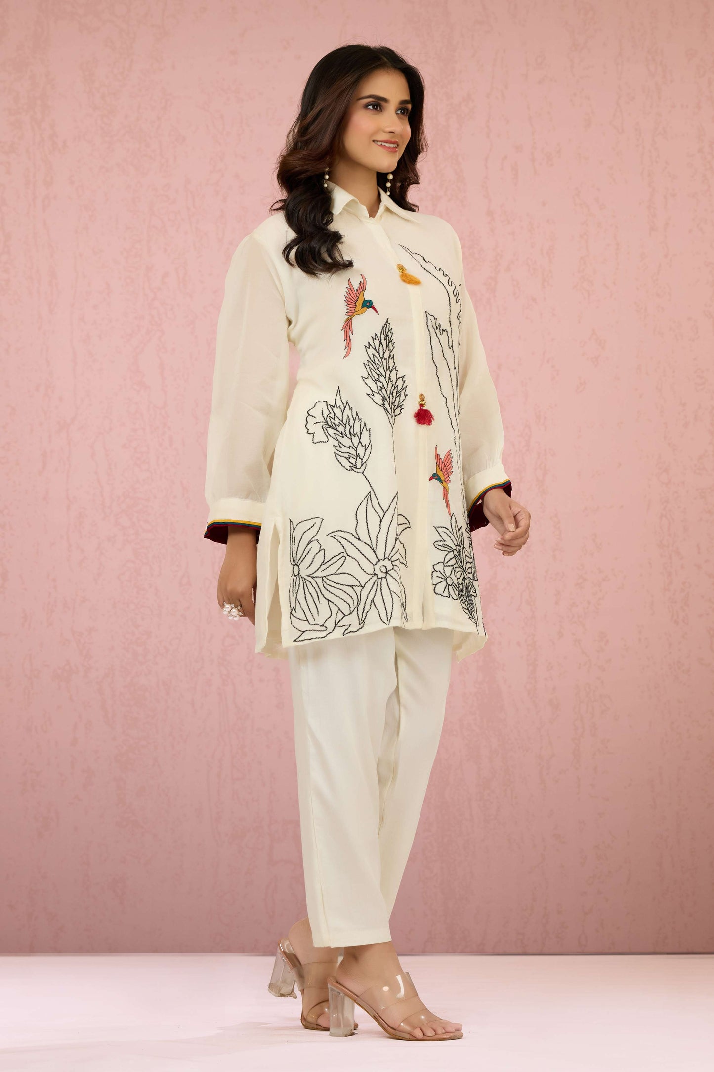 White Embroidery Mul Chanderi Coord Set 1014-10043