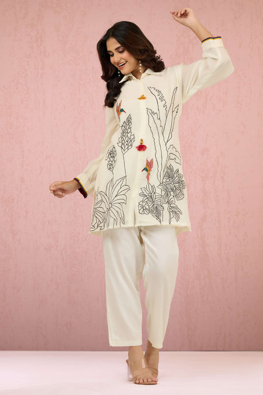 White Embroidery Mul Chanderi Coord Set 1014-10043