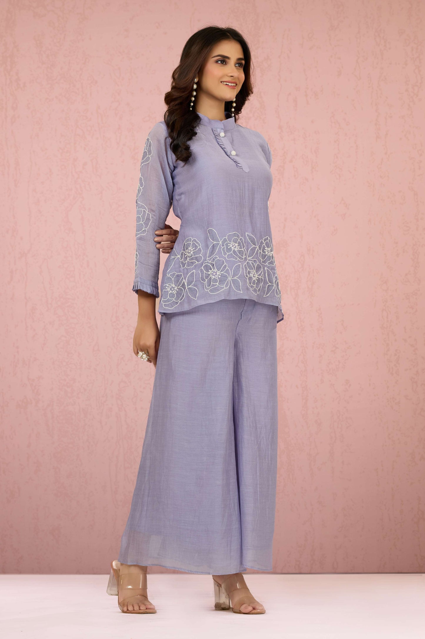 Mauve Pearlwork Mul Chanderi Coord Set 1014-10048