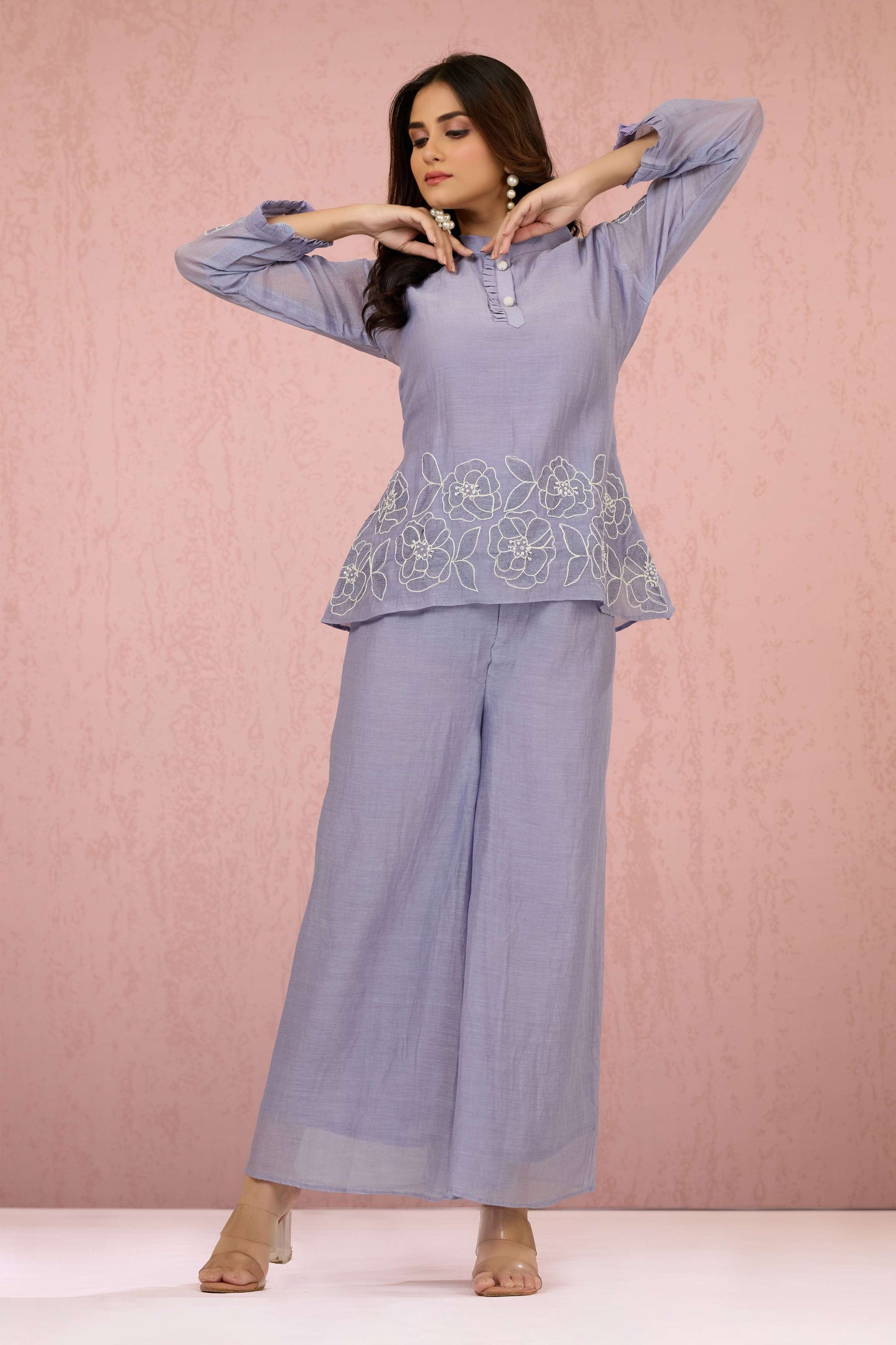 Mauve Pearlwork Mul Chanderi Coord Set 1014-10048