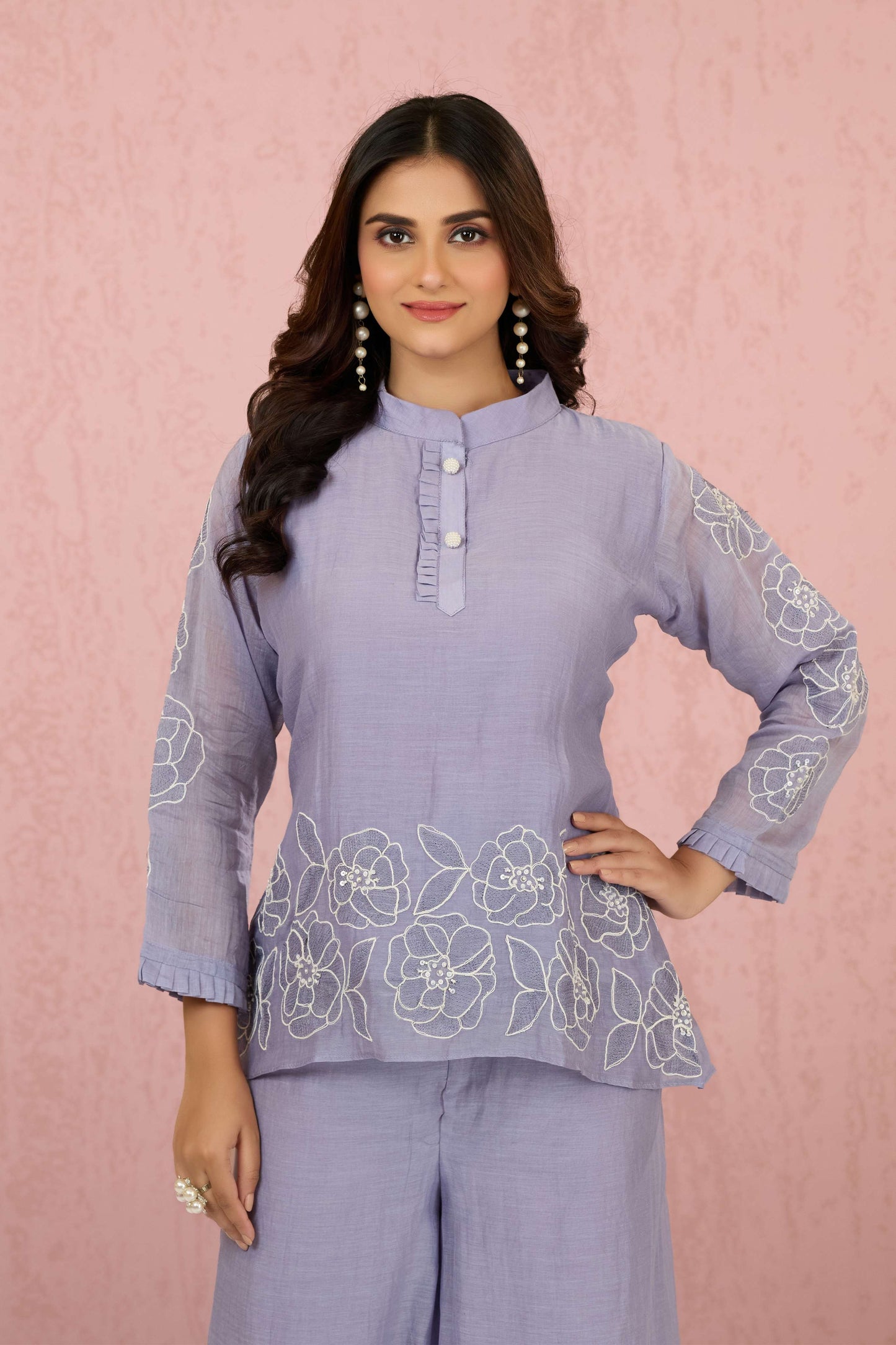 Mauve Pearlwork Mul Chanderi Coord Set 1014-10048