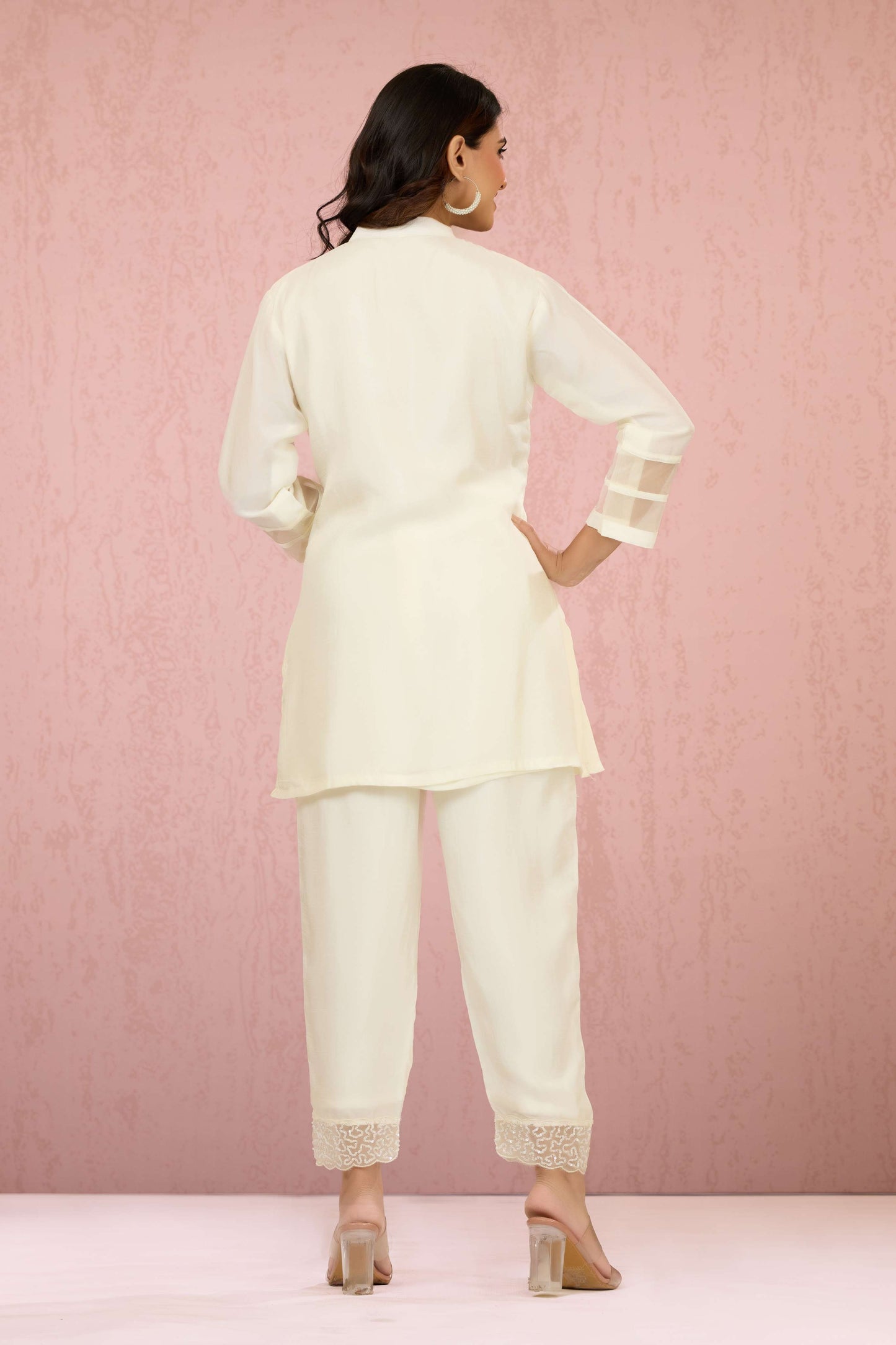 White Pearlwork Dola Silk Coord Set 1014-10042