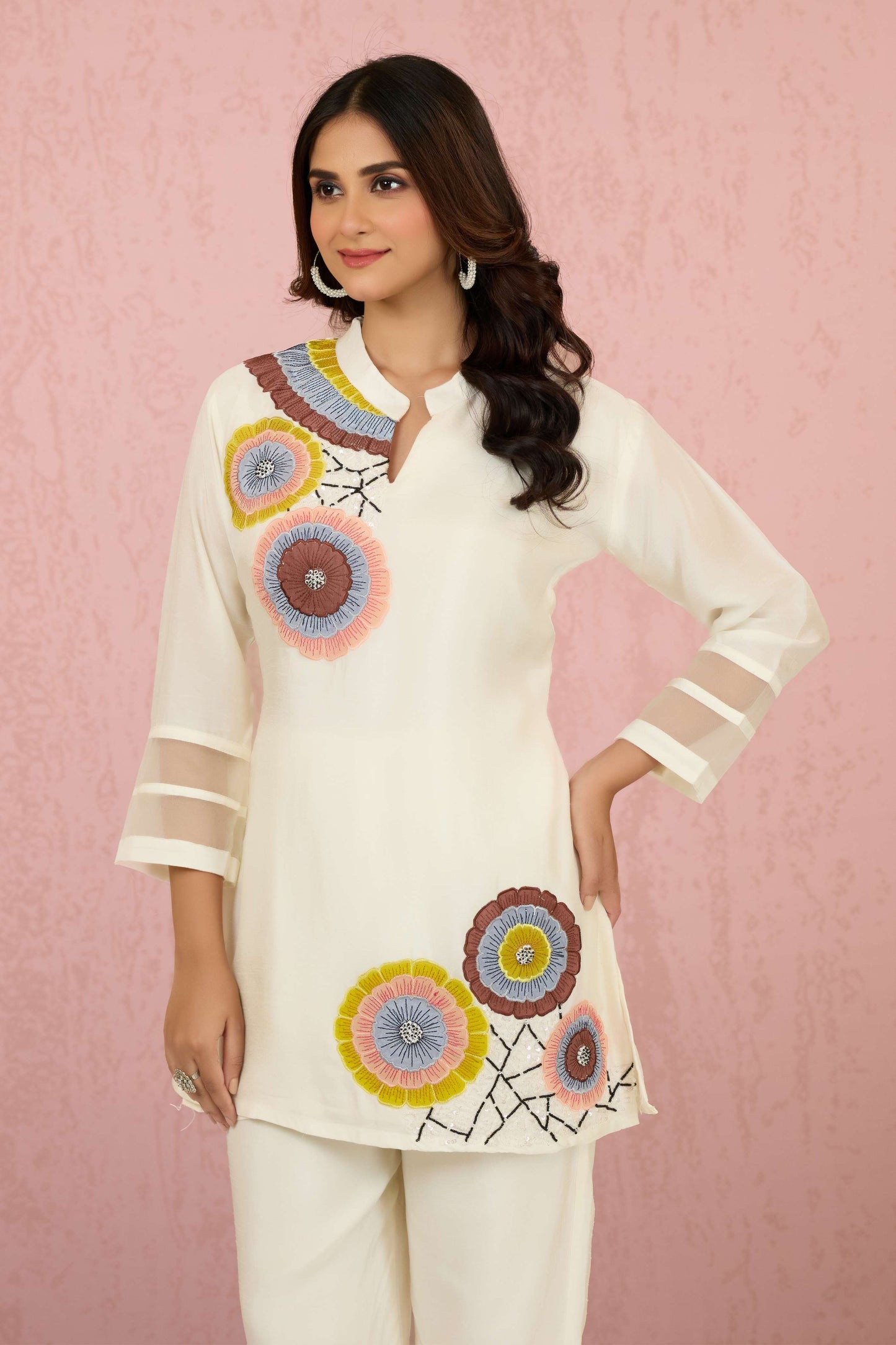 White Pearlwork Dola Silk Coord Set 1014-10042