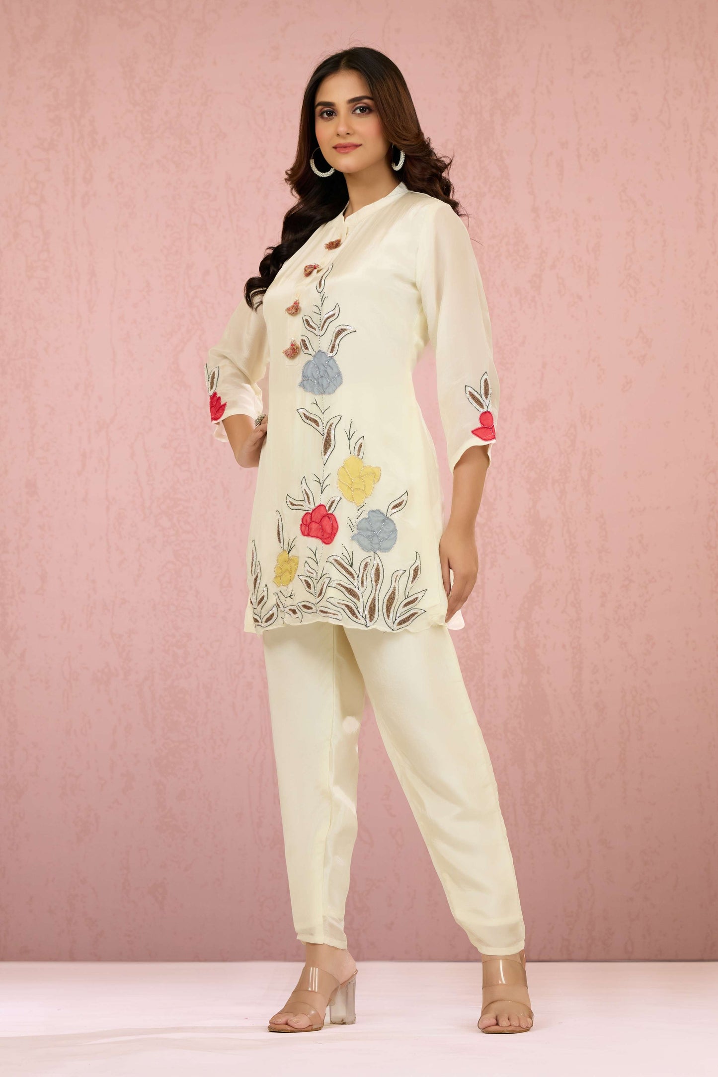 Cream Pearlwork HO silk Coord Set 1014-10055