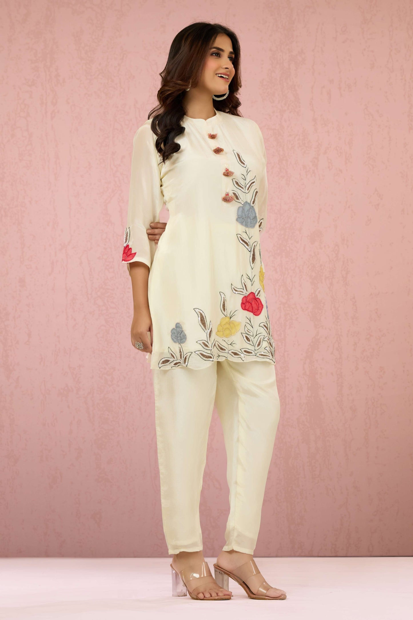 Cream Pearlwork HO silk Coord Set 1014-10055