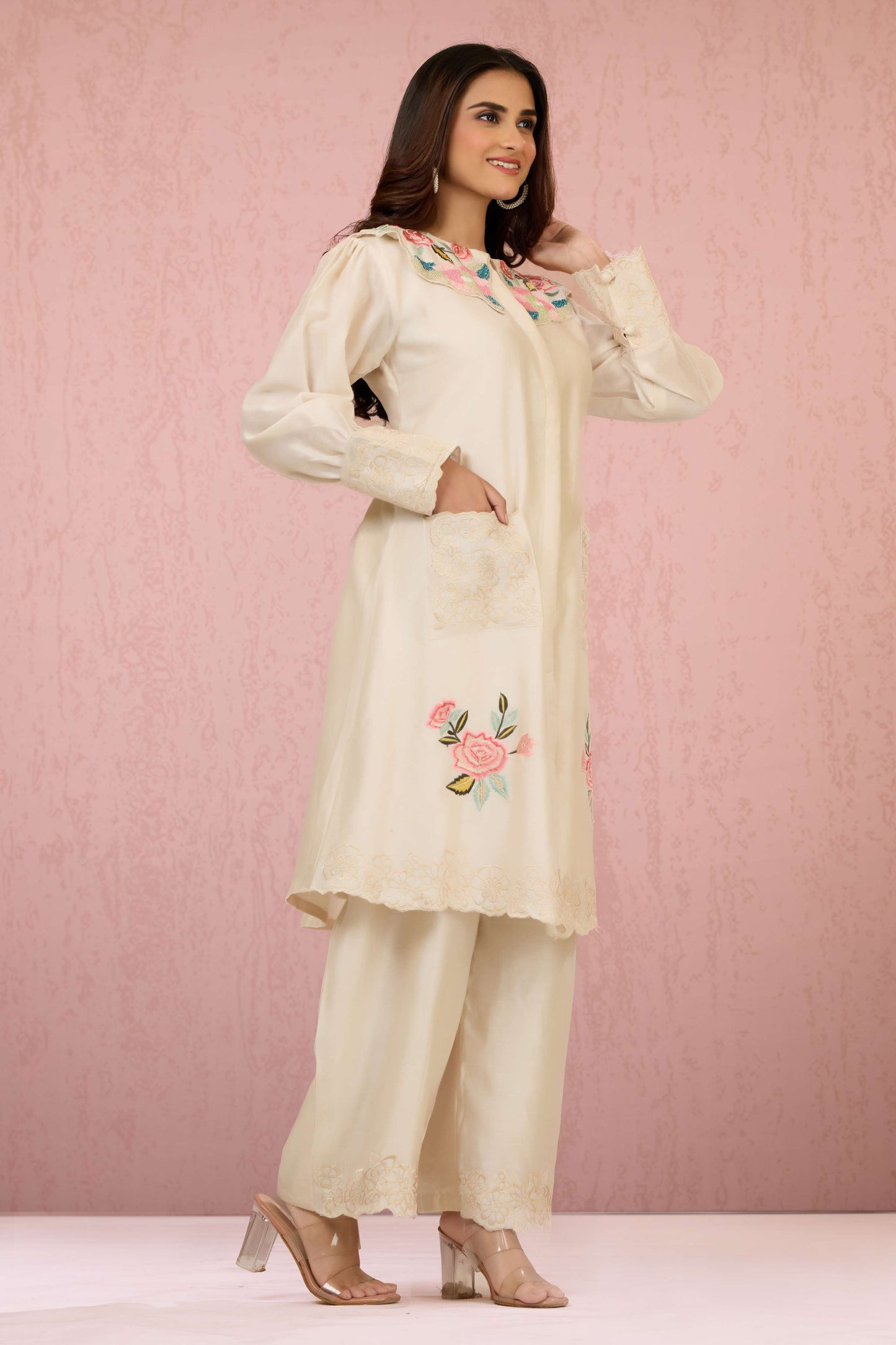 Cream Embroidery HO silk Coord Set 1014-10062