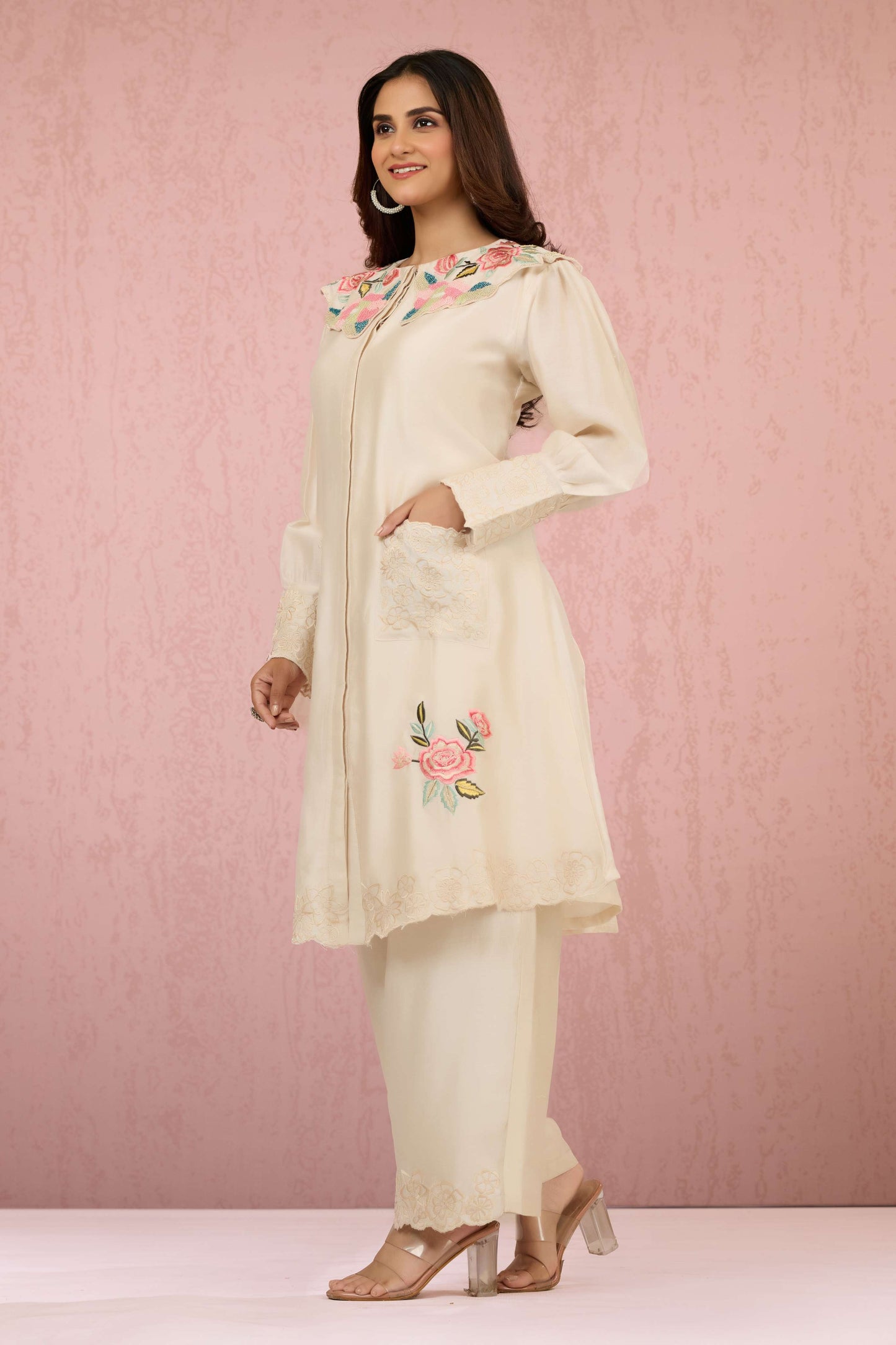 Cream Embroidery HO silk Coord Set 1014-10062