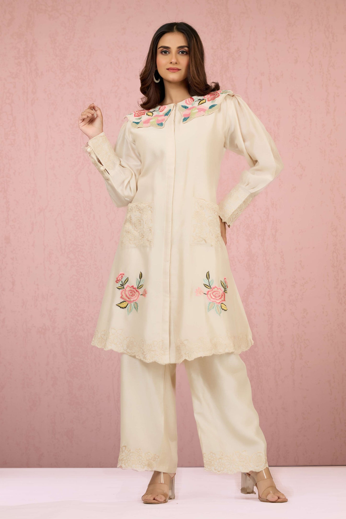 Cream Embroidery HO silk Coord Set 1014-10062