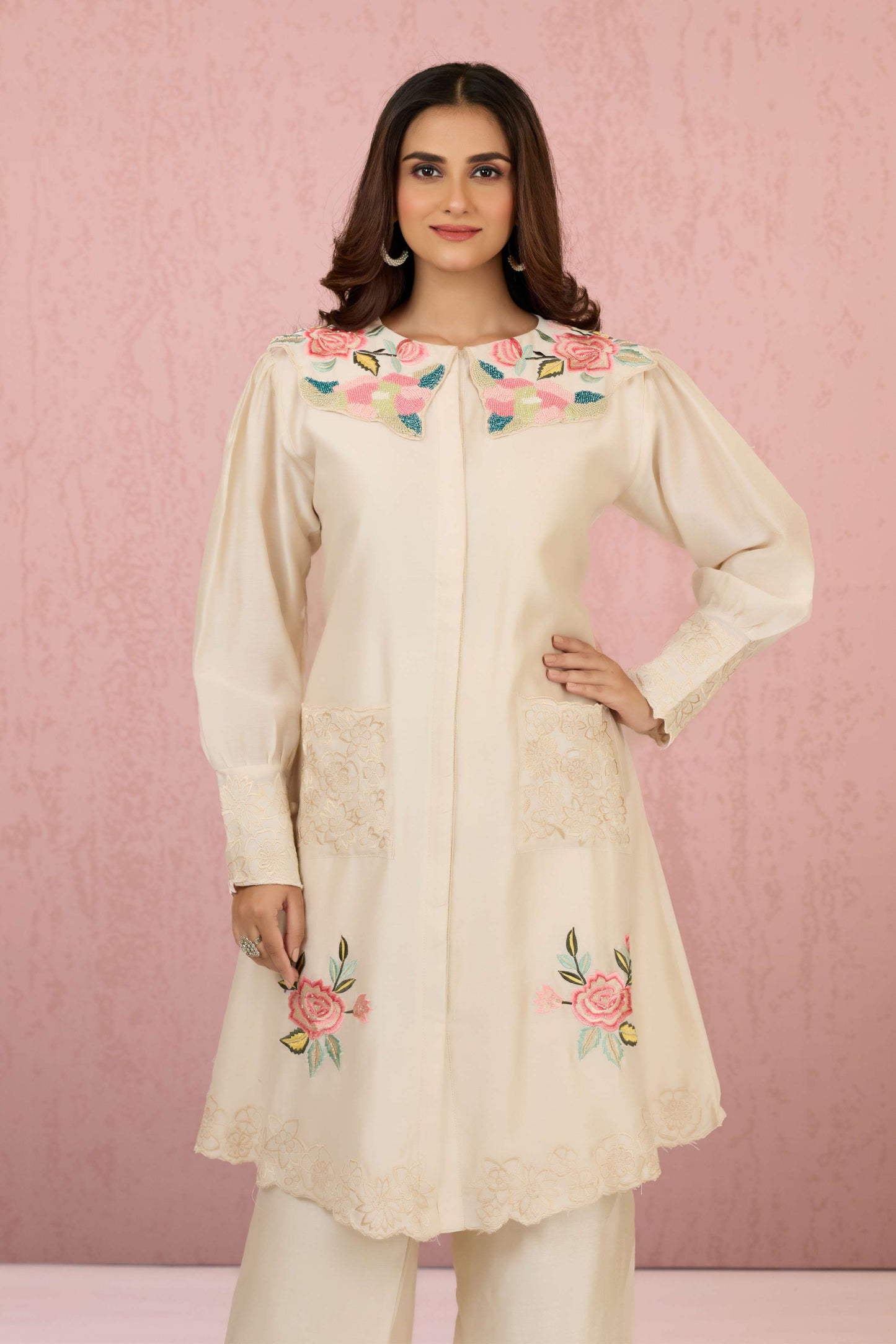 Cream Embroidery HO silk Coord Set 1014-10062