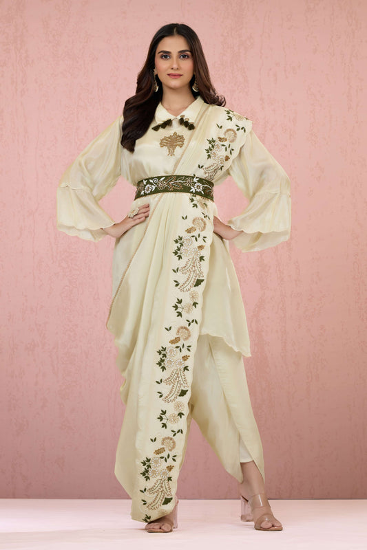 Beige Embroidery Tissue Indo Western 1014-10067