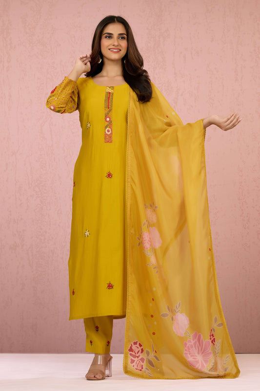 Yellow Embroidery Roman Silk Salwar Suits 1013-10041