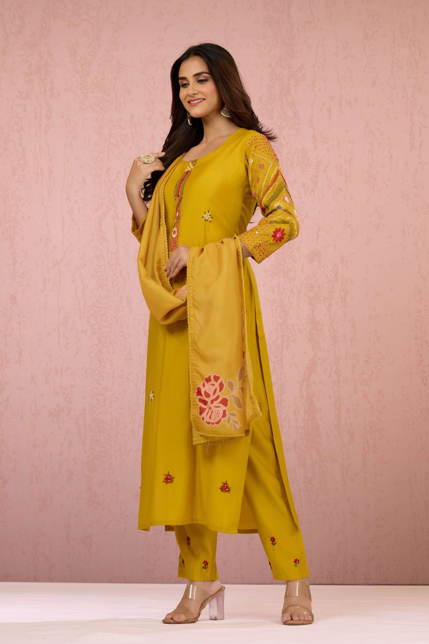 Yellow Embroidery Roman Silk Salwar Suits 1013-10041