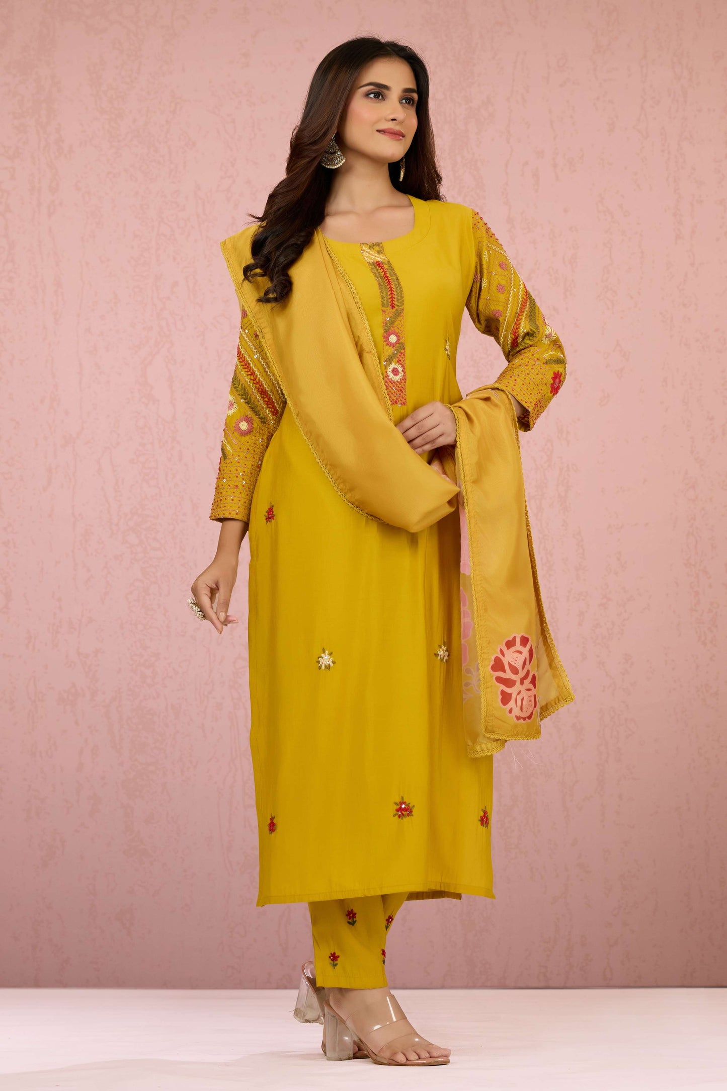 Yellow Embroidery Roman Silk Salwar Suits 1013-10041