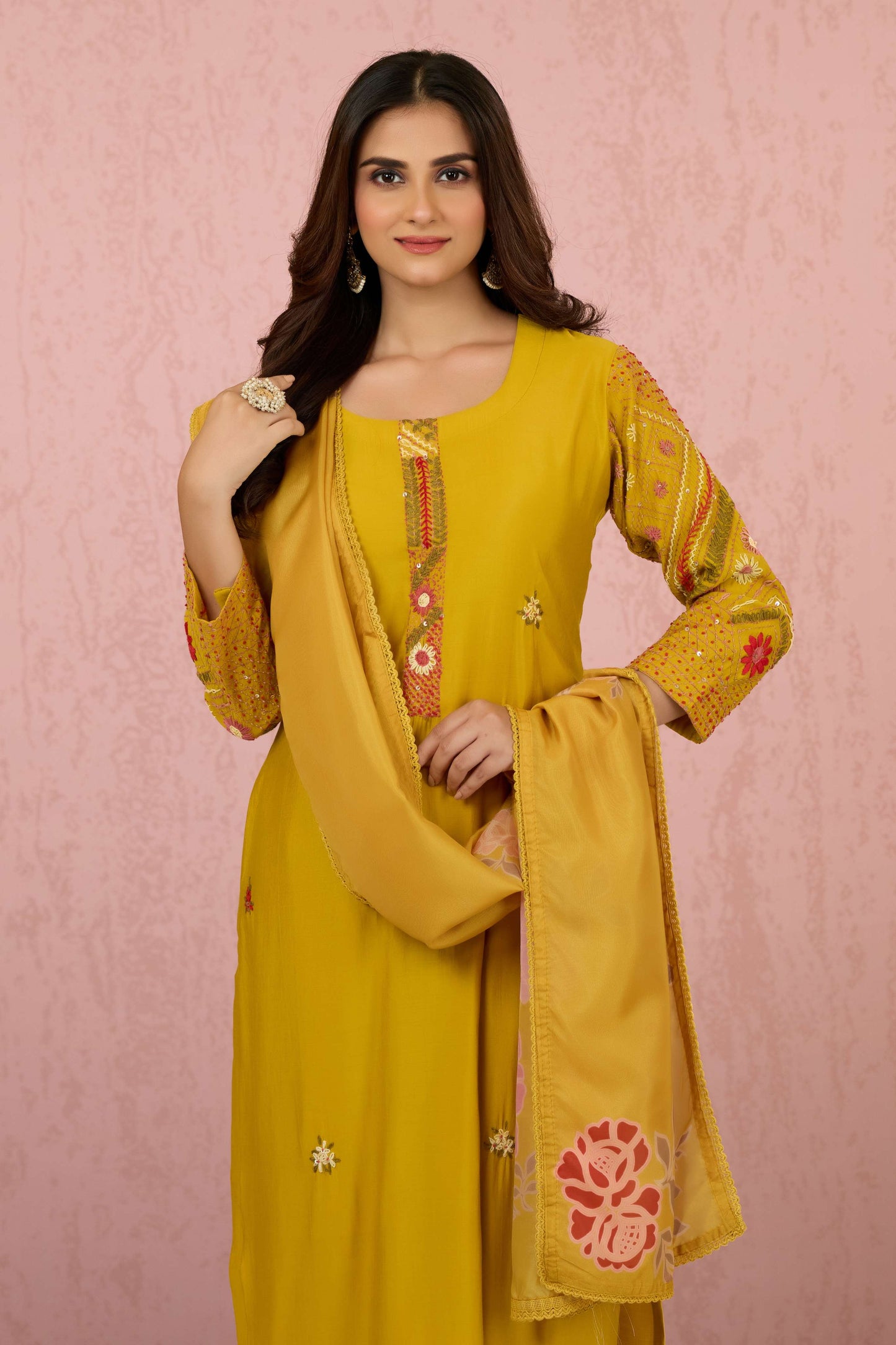 Yellow Embroidery Roman Silk Salwar Suits 1013-10041