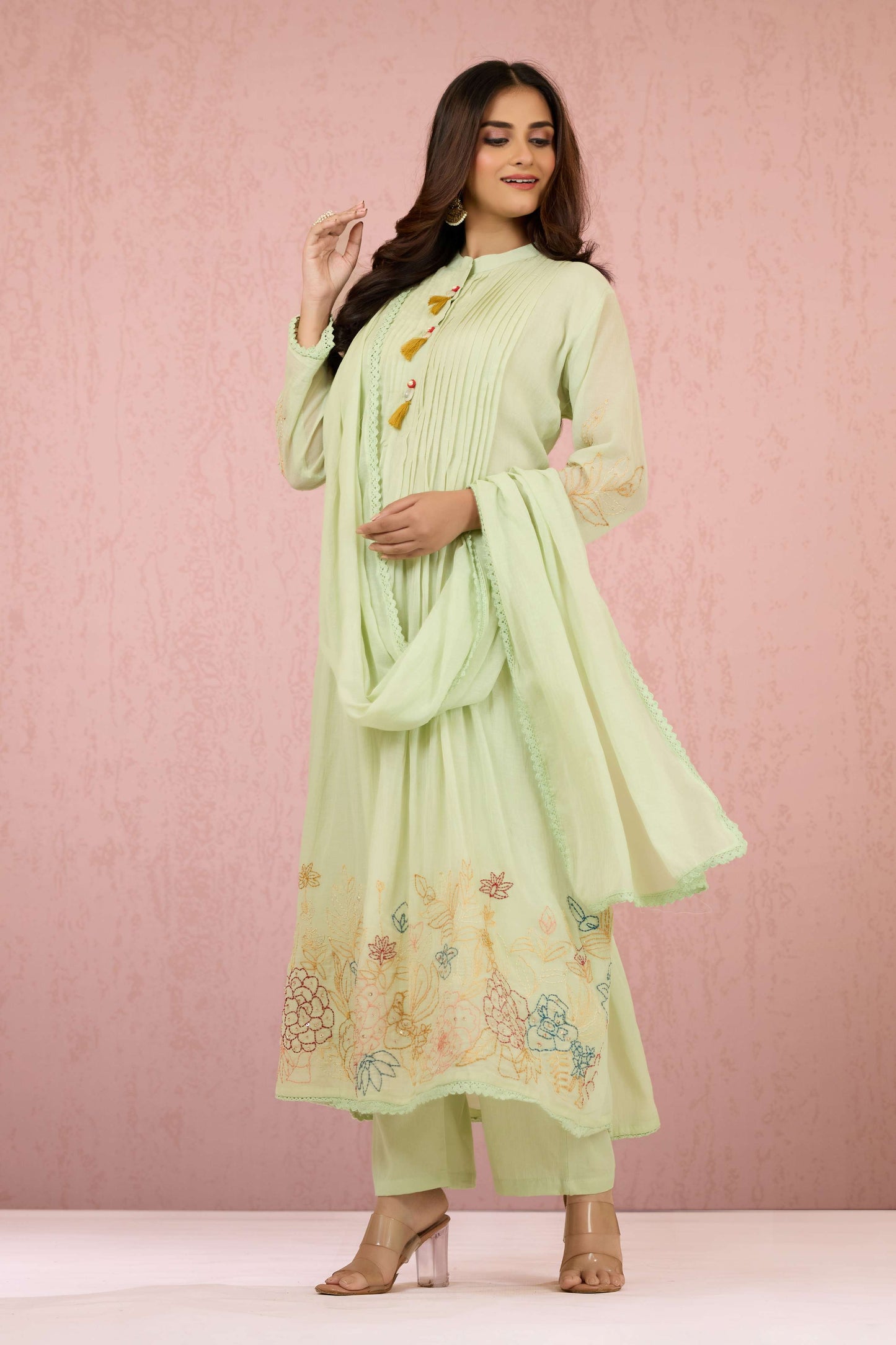 Green Kantha work Mul Chanderi Salwar Suits 1014-10072