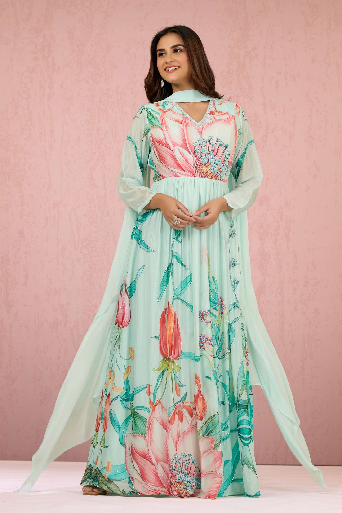 Skyblue Sequins Chinon Dress 1014-10060