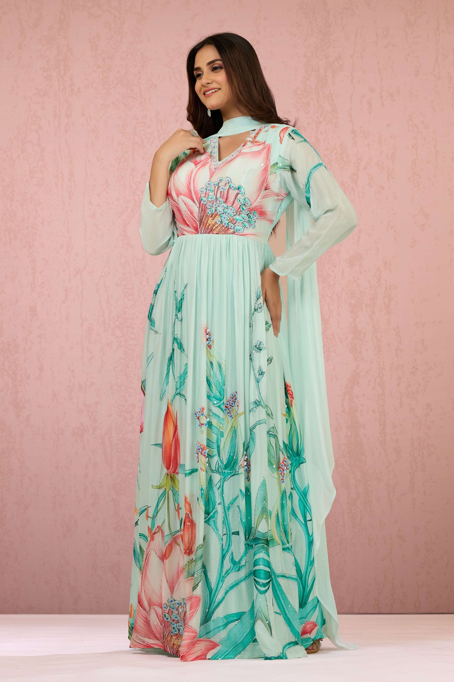 Skyblue Sequins Chinon Dress 1014-10060