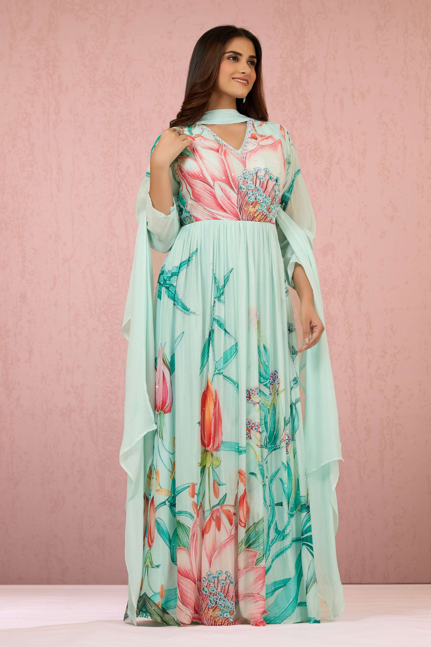 Skyblue Sequins Chinon Dress 1014-10060