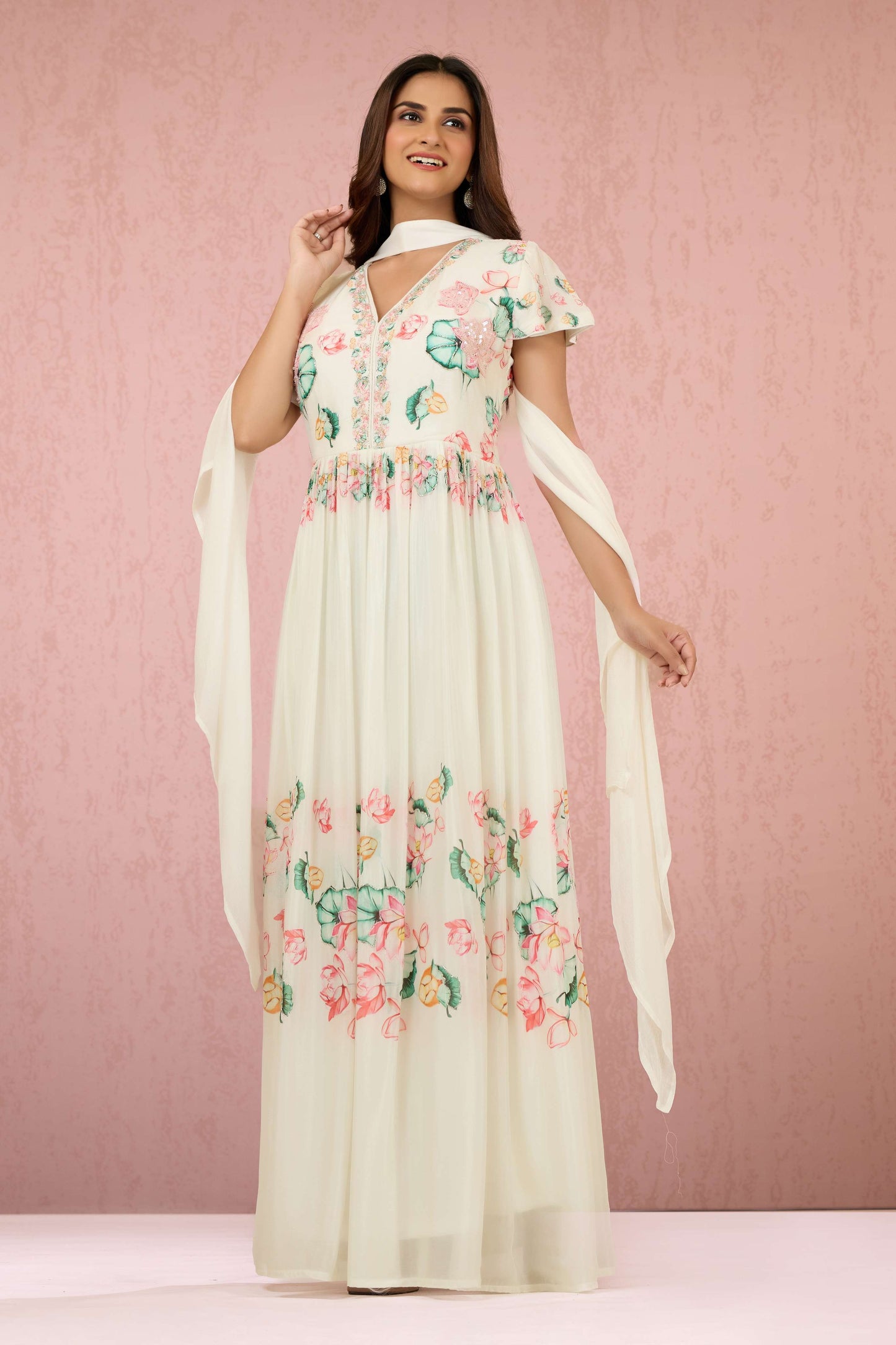 White Sequins Chinon Dress 1014-10063