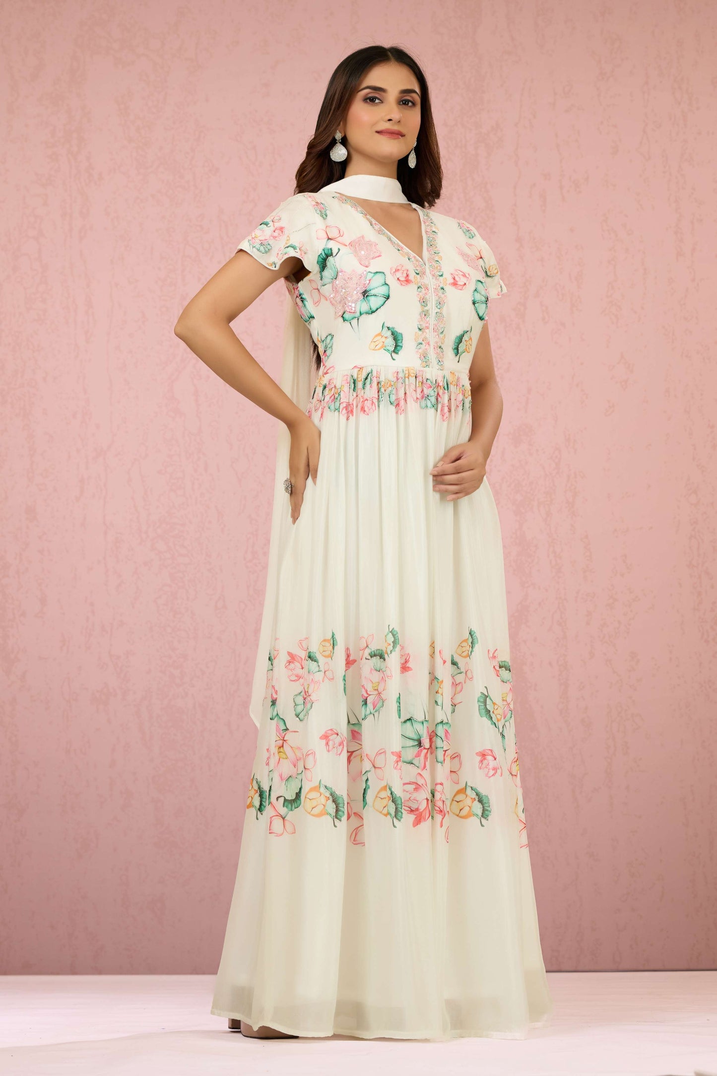 White Sequins Chinon Dress 1014-10063