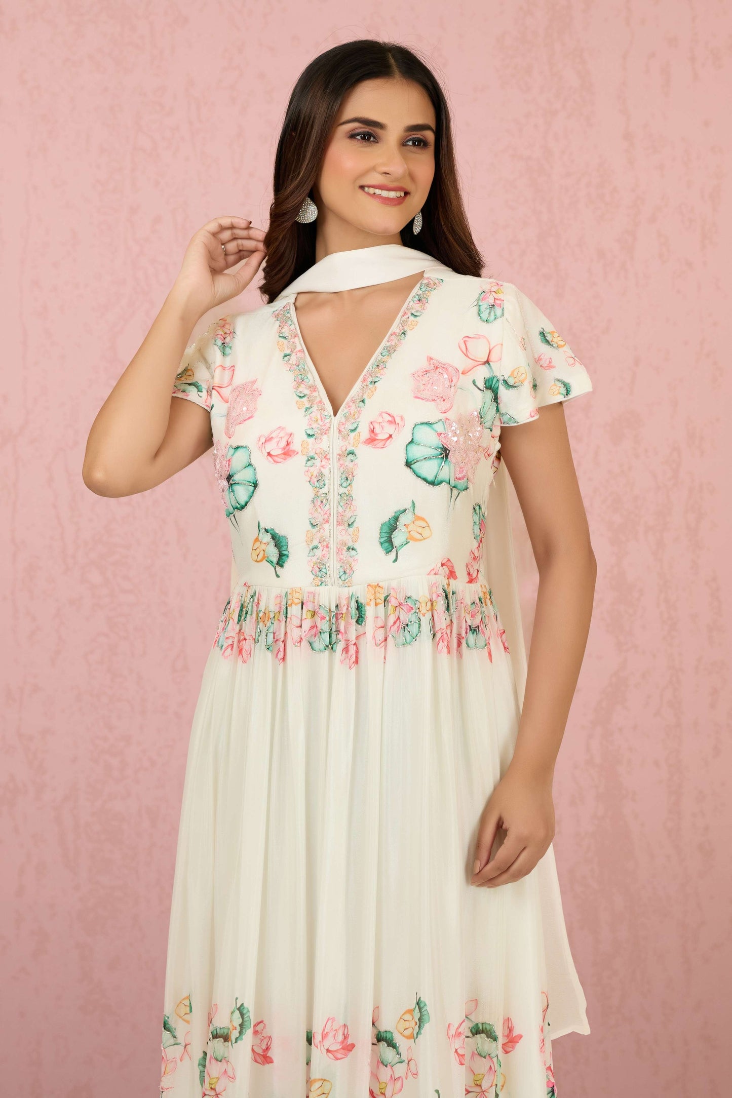 White Sequins Chinon Dress 1014-10063