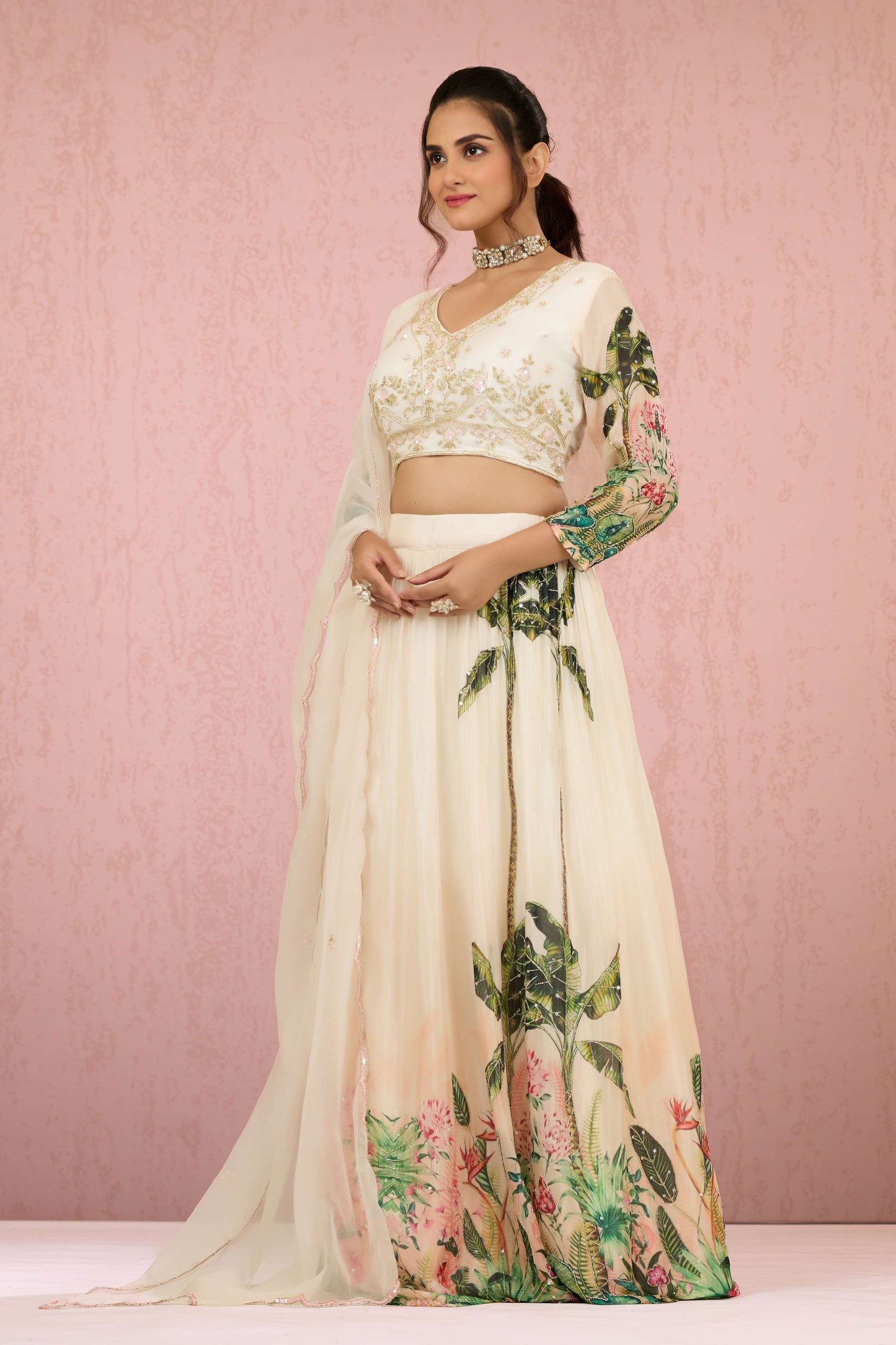 Cream Sequins Chinon Readymade Lehenga 1014-10075