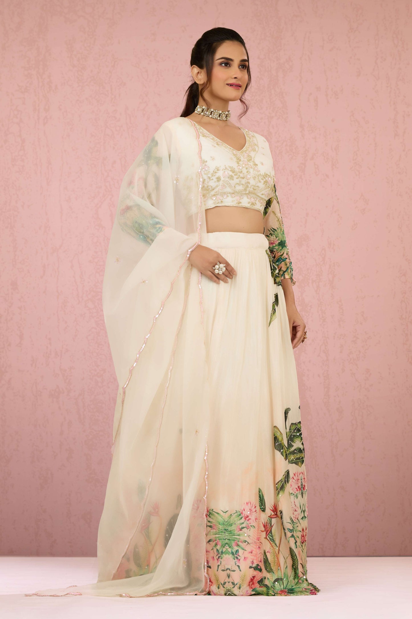 Cream Sequins Chinon Readymade Lehenga 1014-10075
