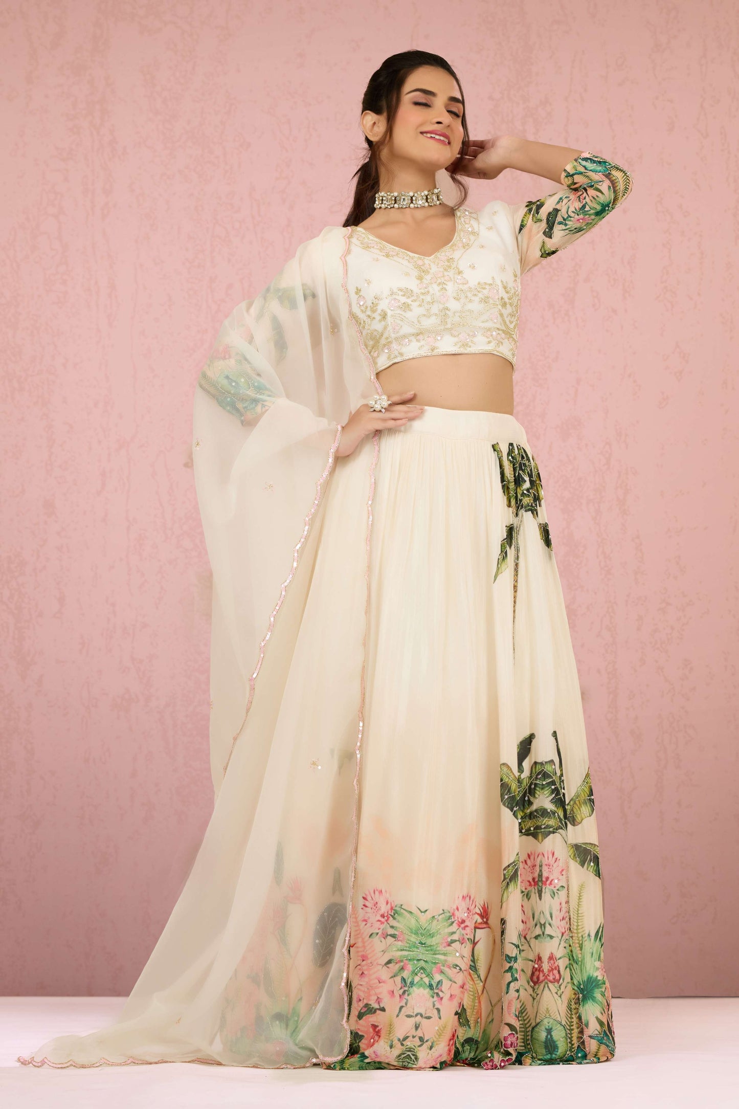 Cream Sequins Chinon Readymade Lehenga 1014-10075