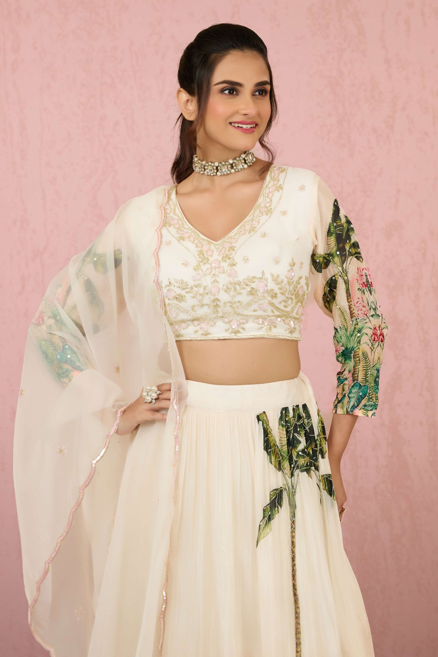 Cream Sequins Chinon Readymade Lehenga 1014-10075