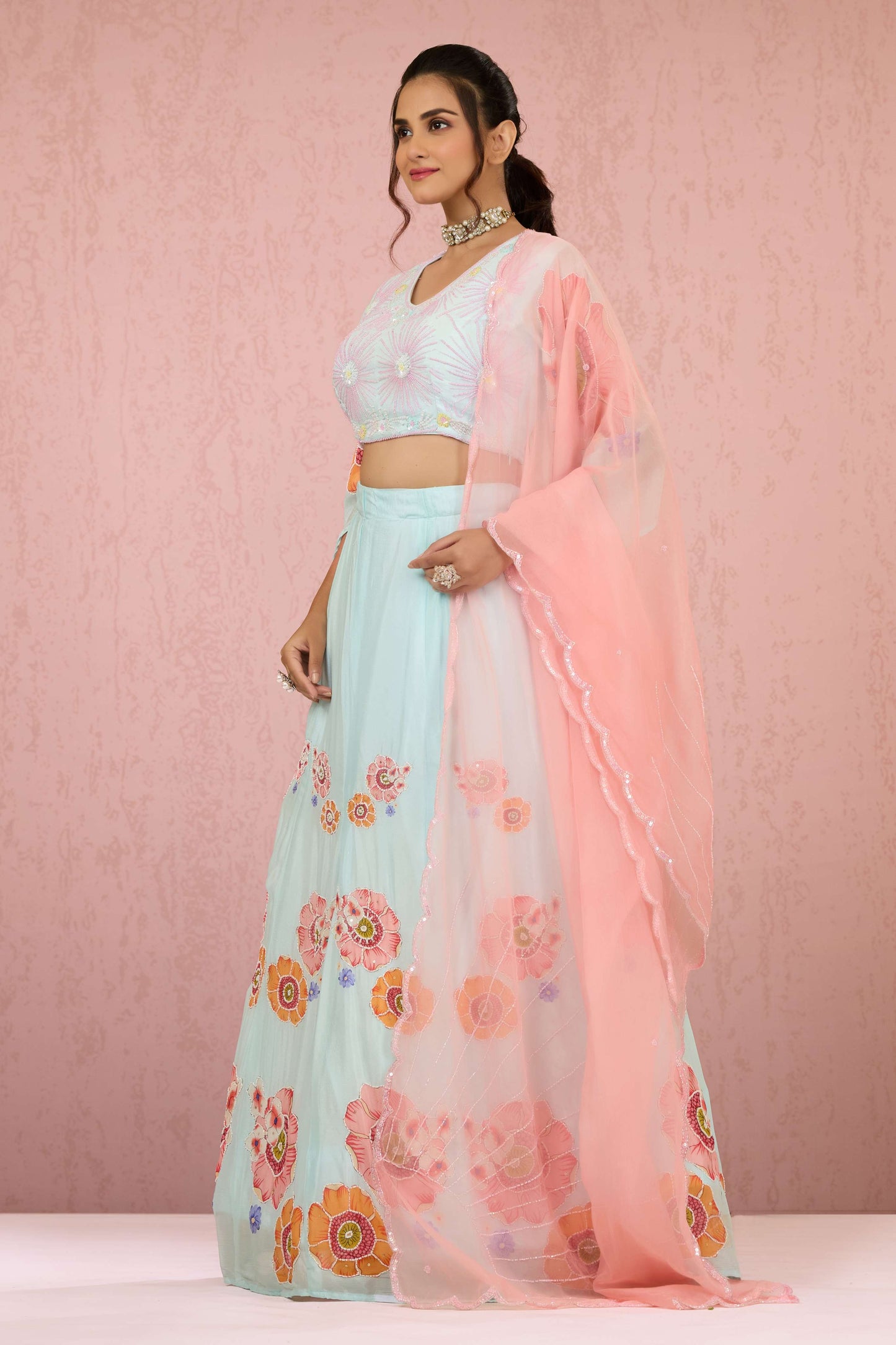 Skyblue Sequins Chinon Readymade Lehenga 1014-10073