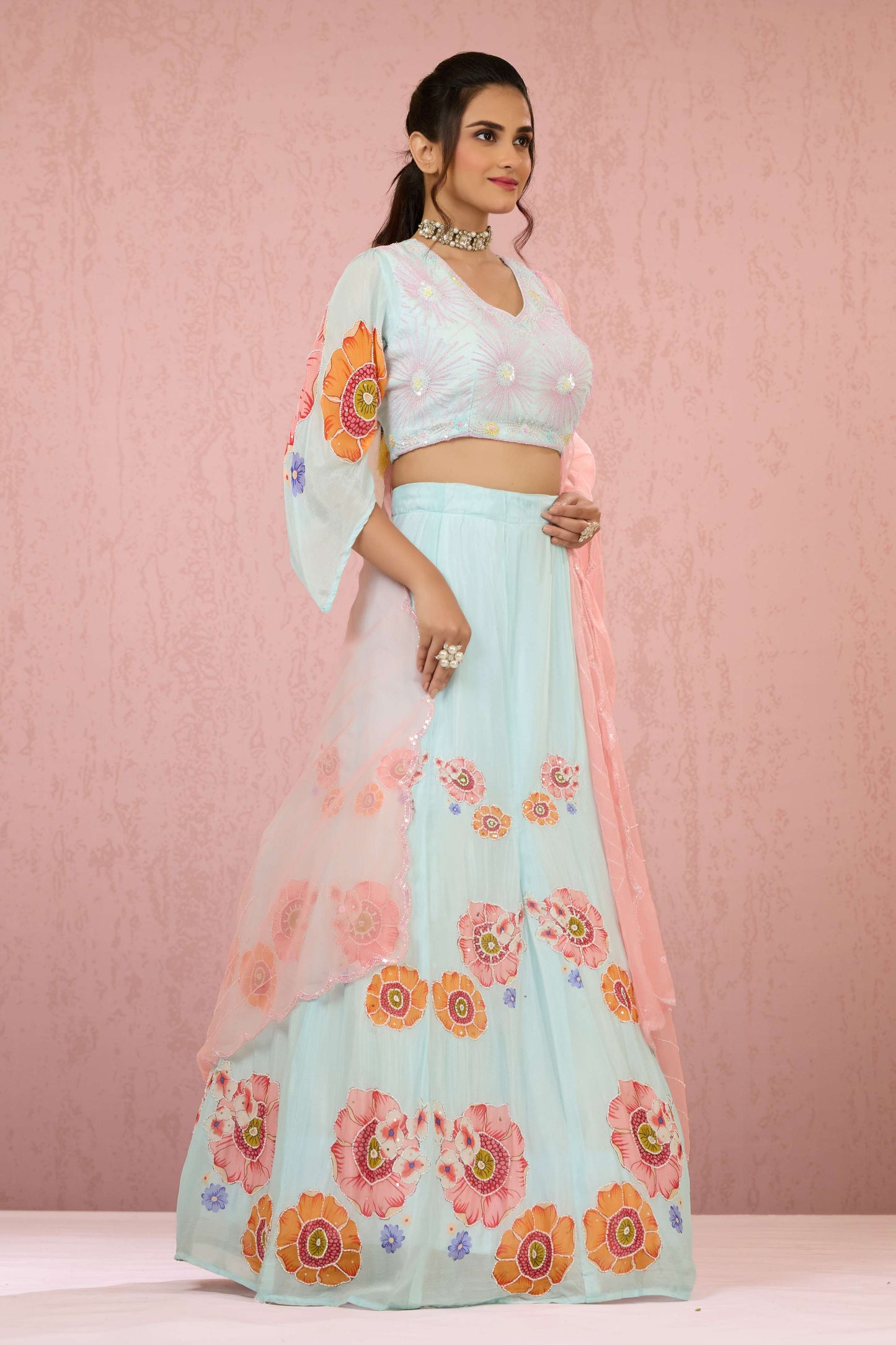 Skyblue Sequins Chinon Readymade Lehenga 1014-10073