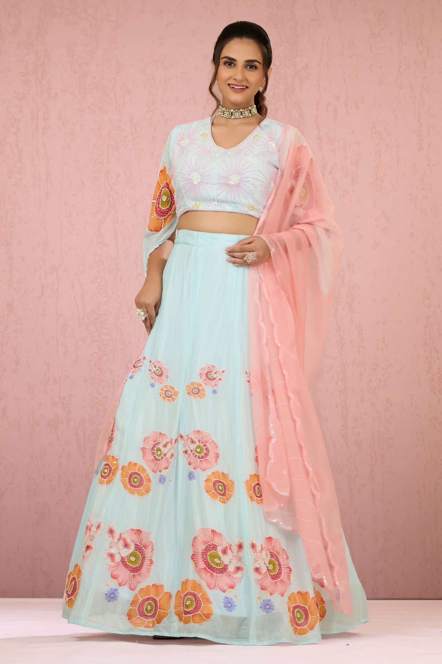 Skyblue Sequins Chinon Readymade Lehenga 1014-10073