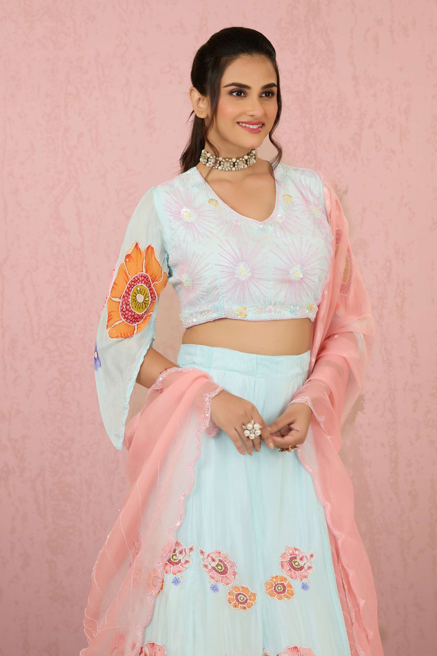 Skyblue Sequins Chinon Readymade Lehenga 1014-10073