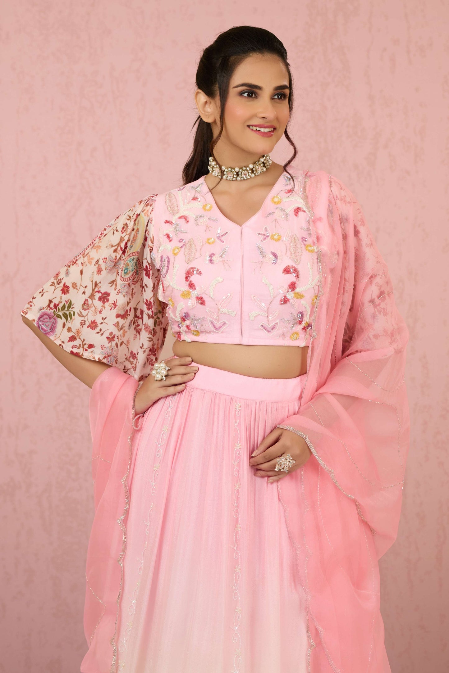 Pink Sequins Chinon Readymade Lehenga 1014-10076