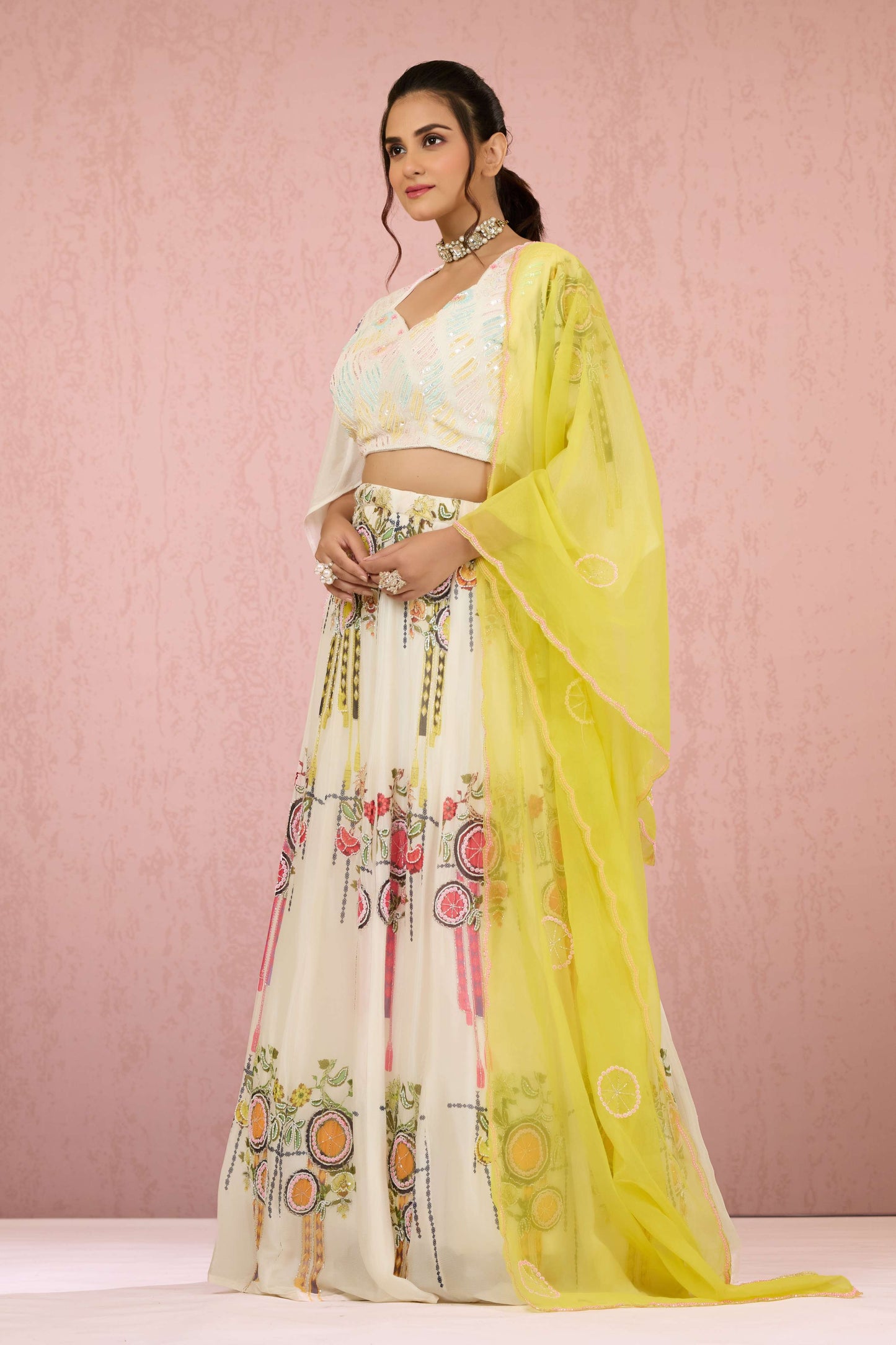 Cream Sequins Chinon Readymade Lehenga 1014-10074