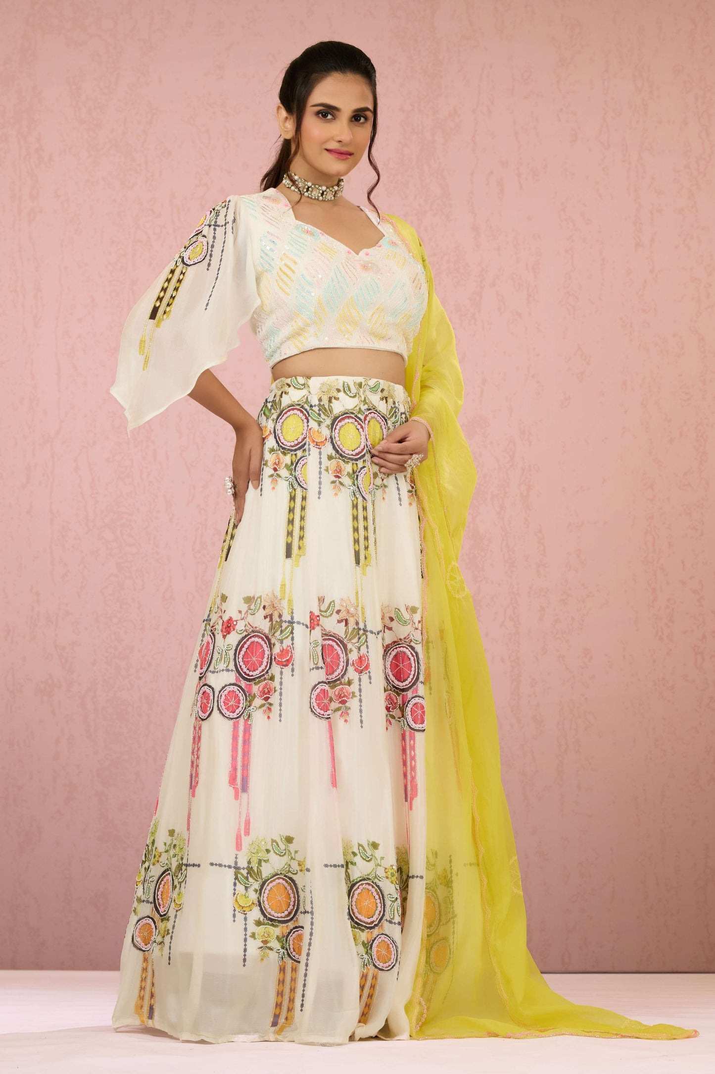 Cream Sequins Chinon Readymade Lehenga 1014-10074
