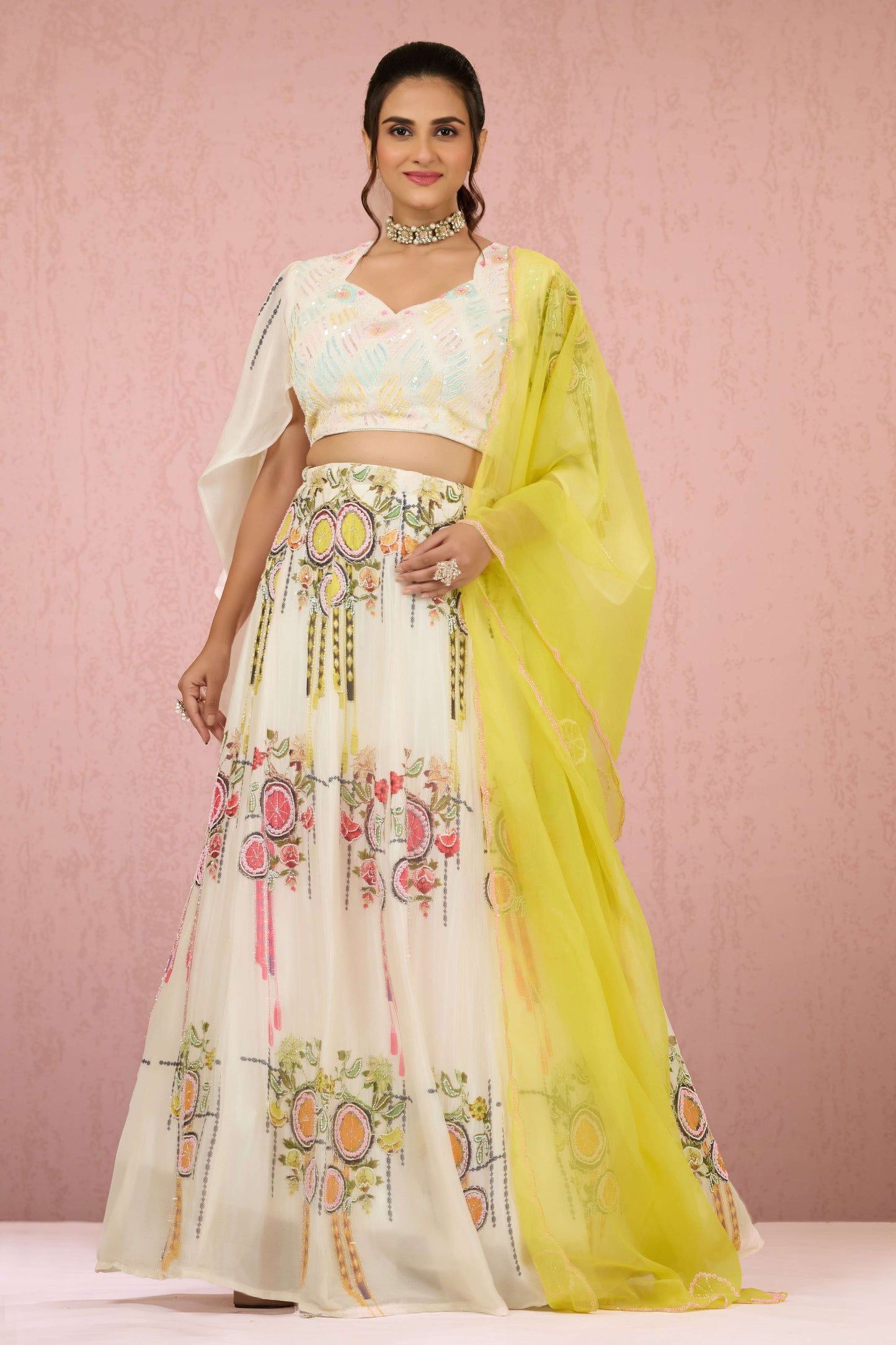 Cream Sequins Chinon Readymade Lehenga 1014-10074